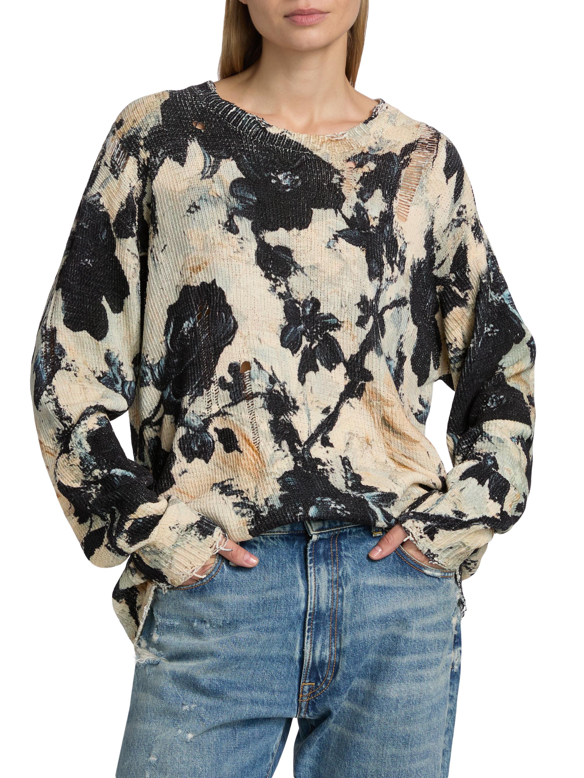 R13 Distressed Floral Linen Crewneck Sweater | Saks Fifth Avenue