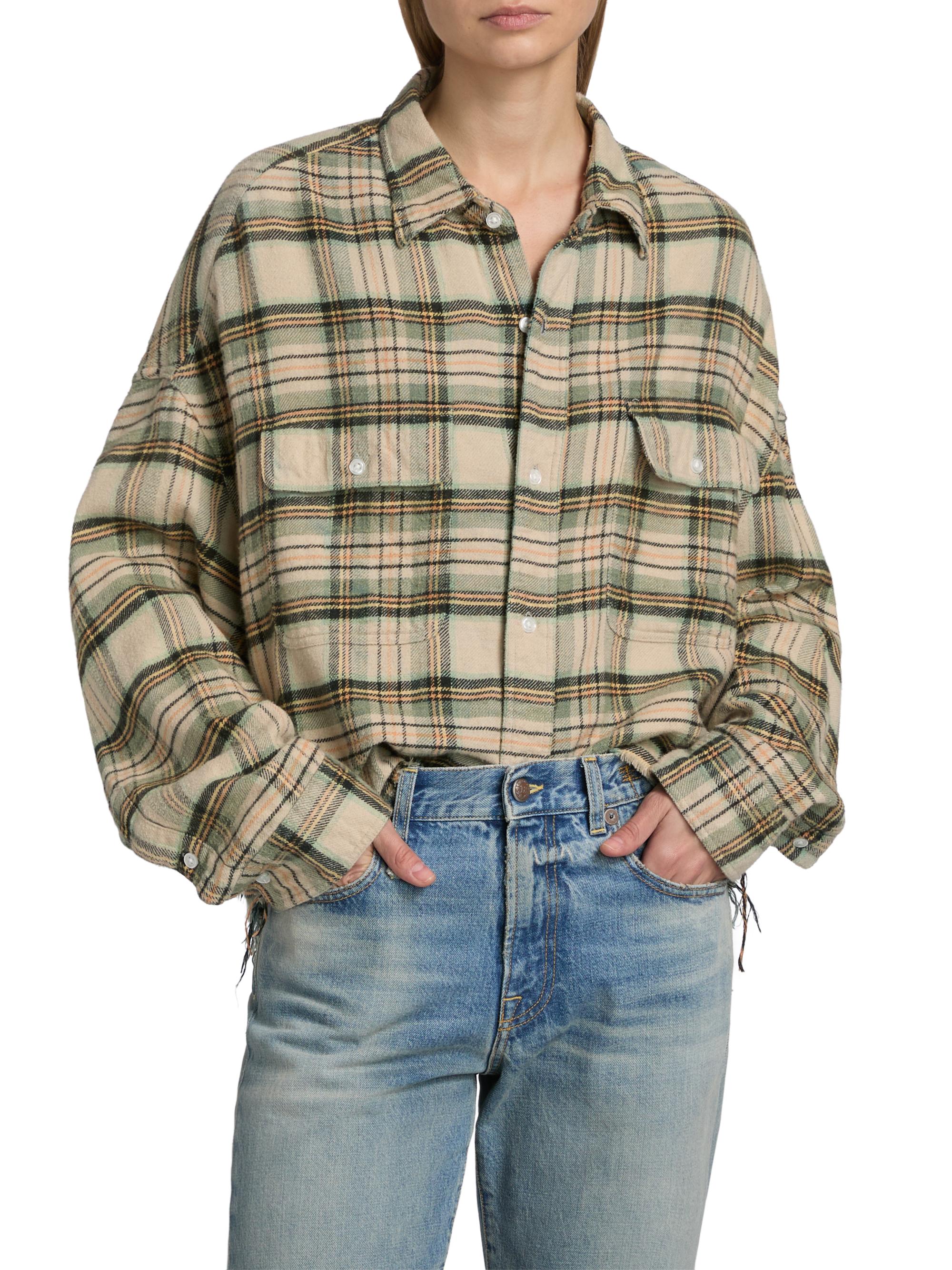 R13 Plaid Cotton Button-Front Crop Work Shirt | Saks Fifth Avenue