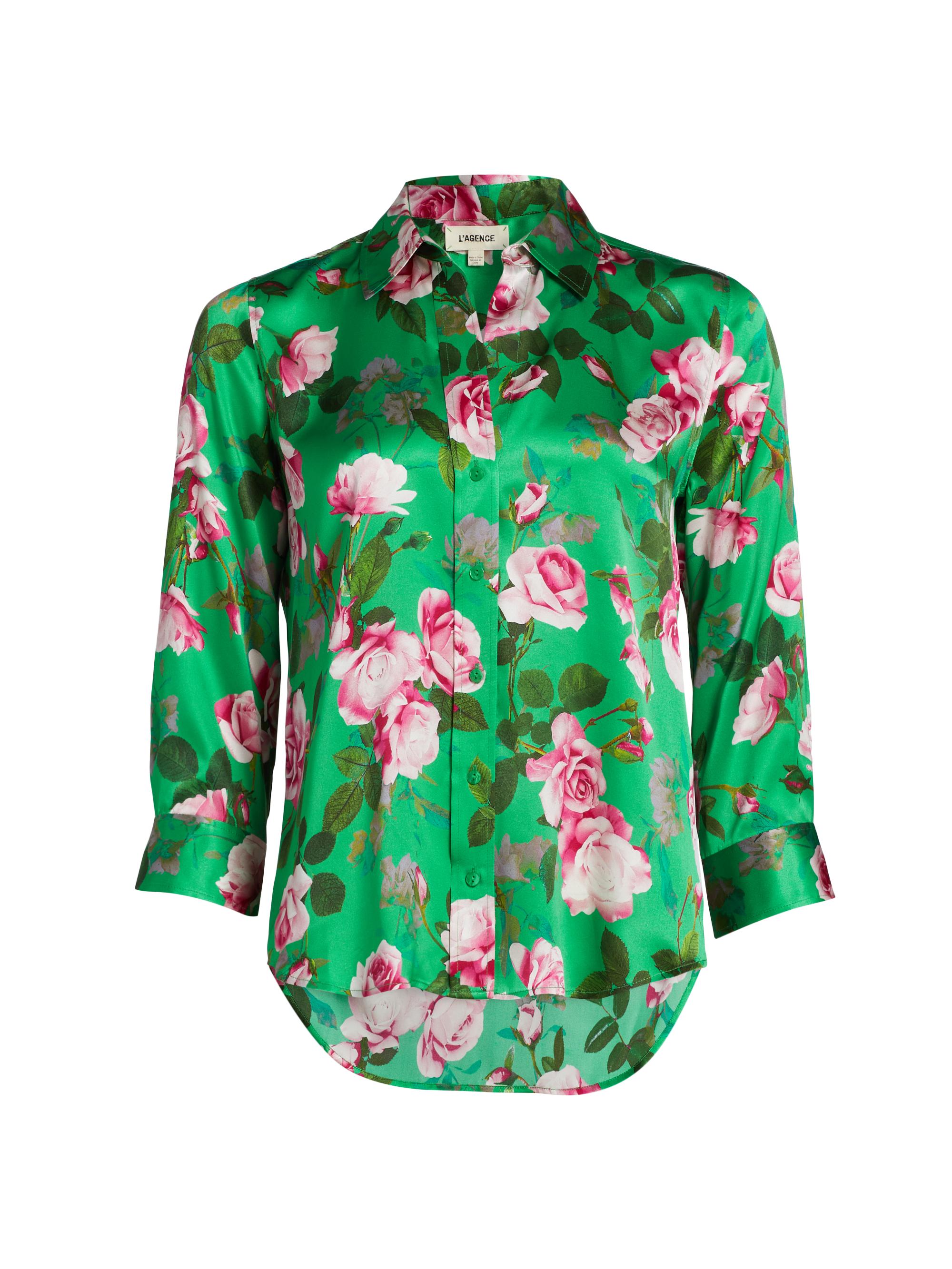 L'AGENCE Women's Dani Floral Silk Satin Blouse - Green Multi Santa Fe Rose