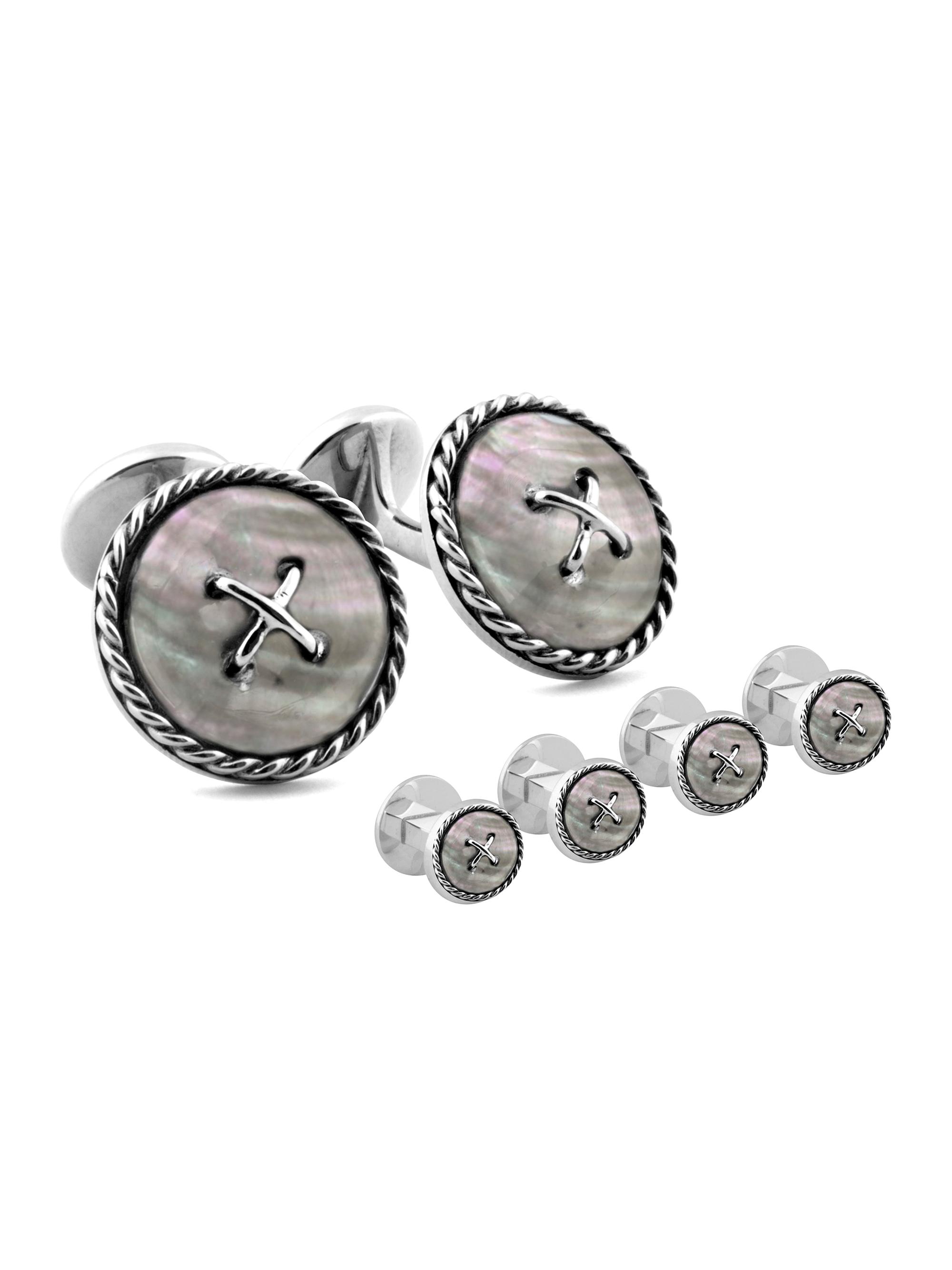 Tateossian Men's Cable Button Double Ended Stud & Cufflink Set - White Mother Of Pearl