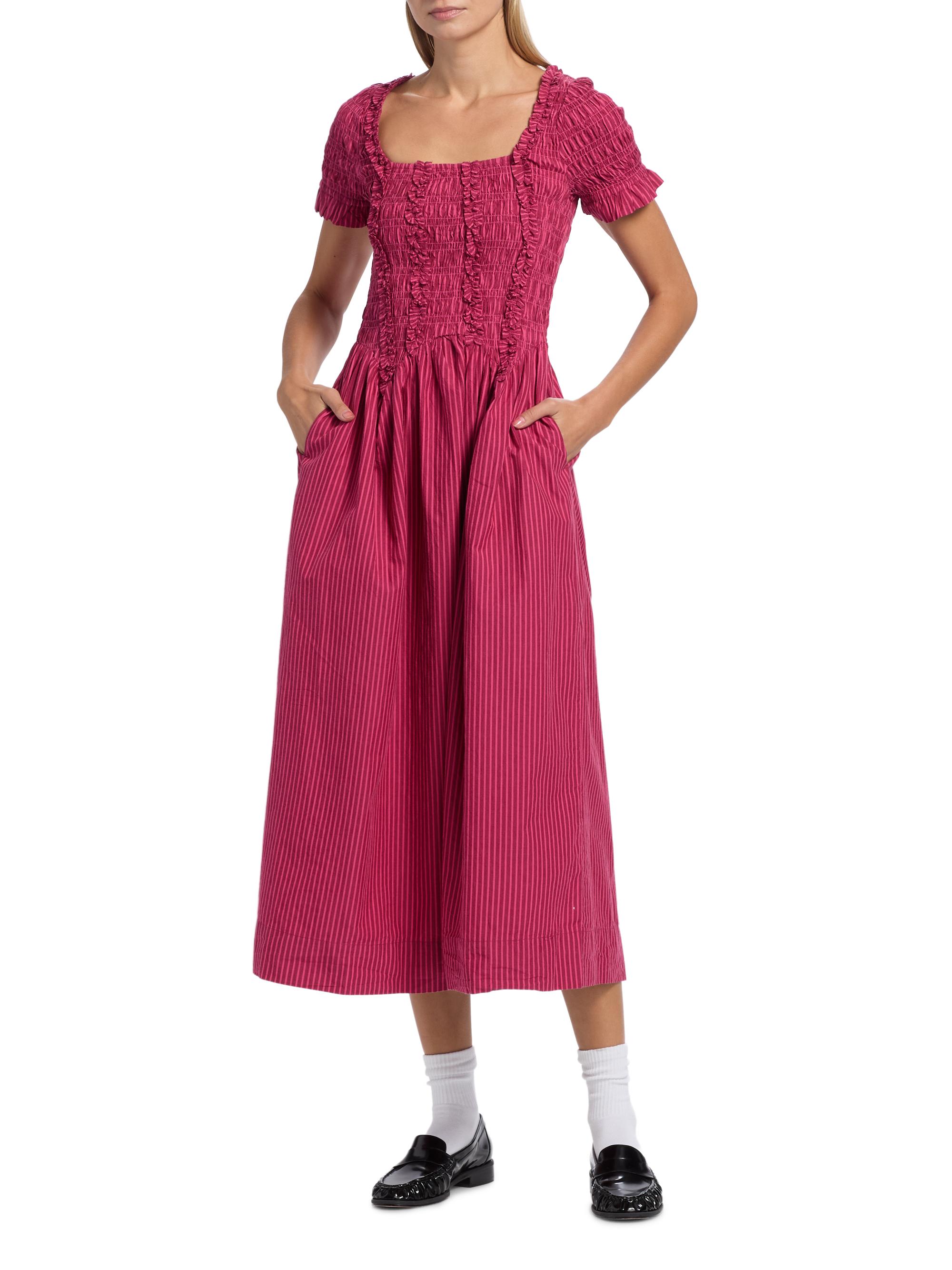 Raphaela Striped Smocked Ruffle Midi-Dress