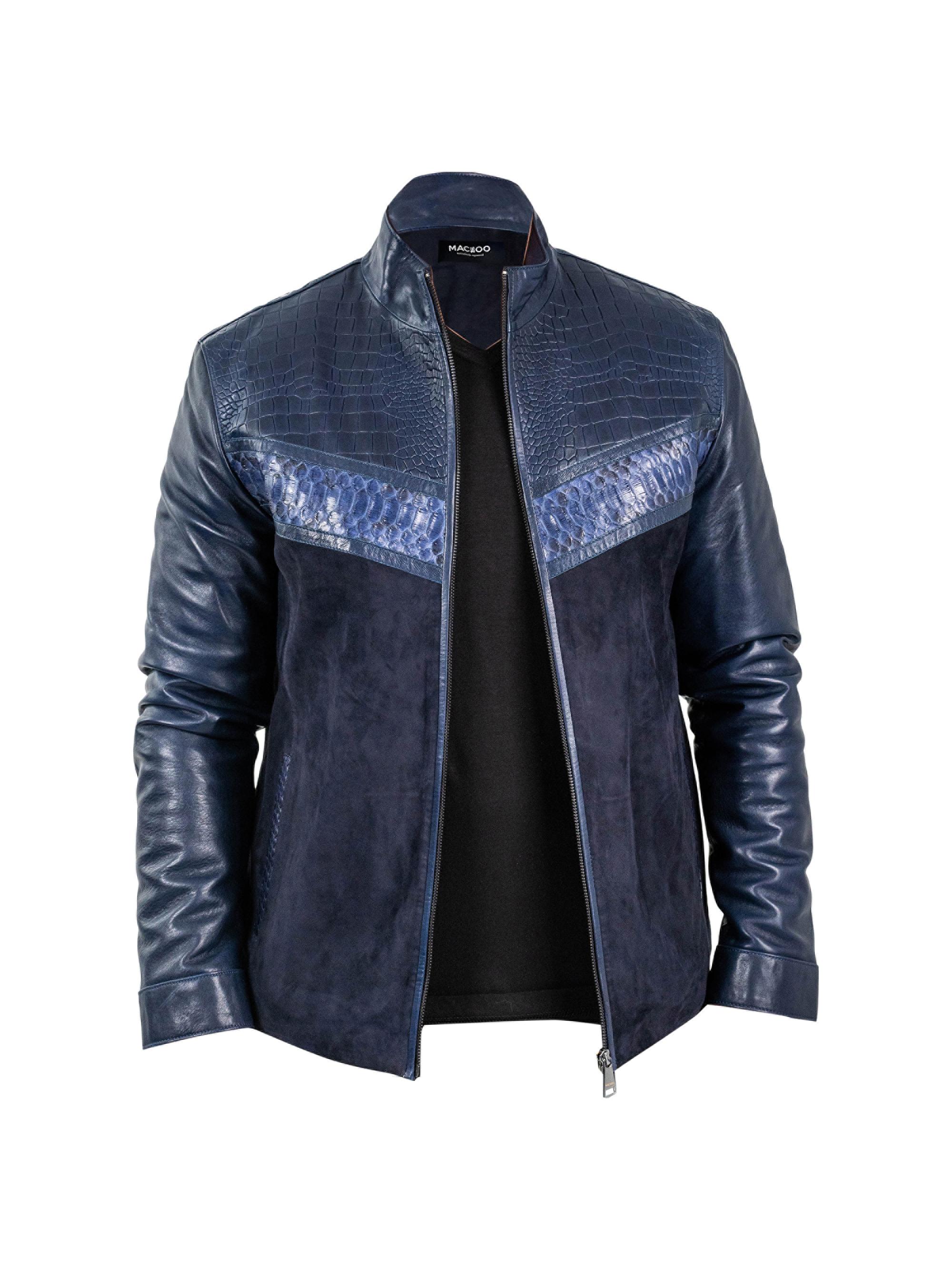 Maceoo Men's Leather Python Shield Jacket - Blue