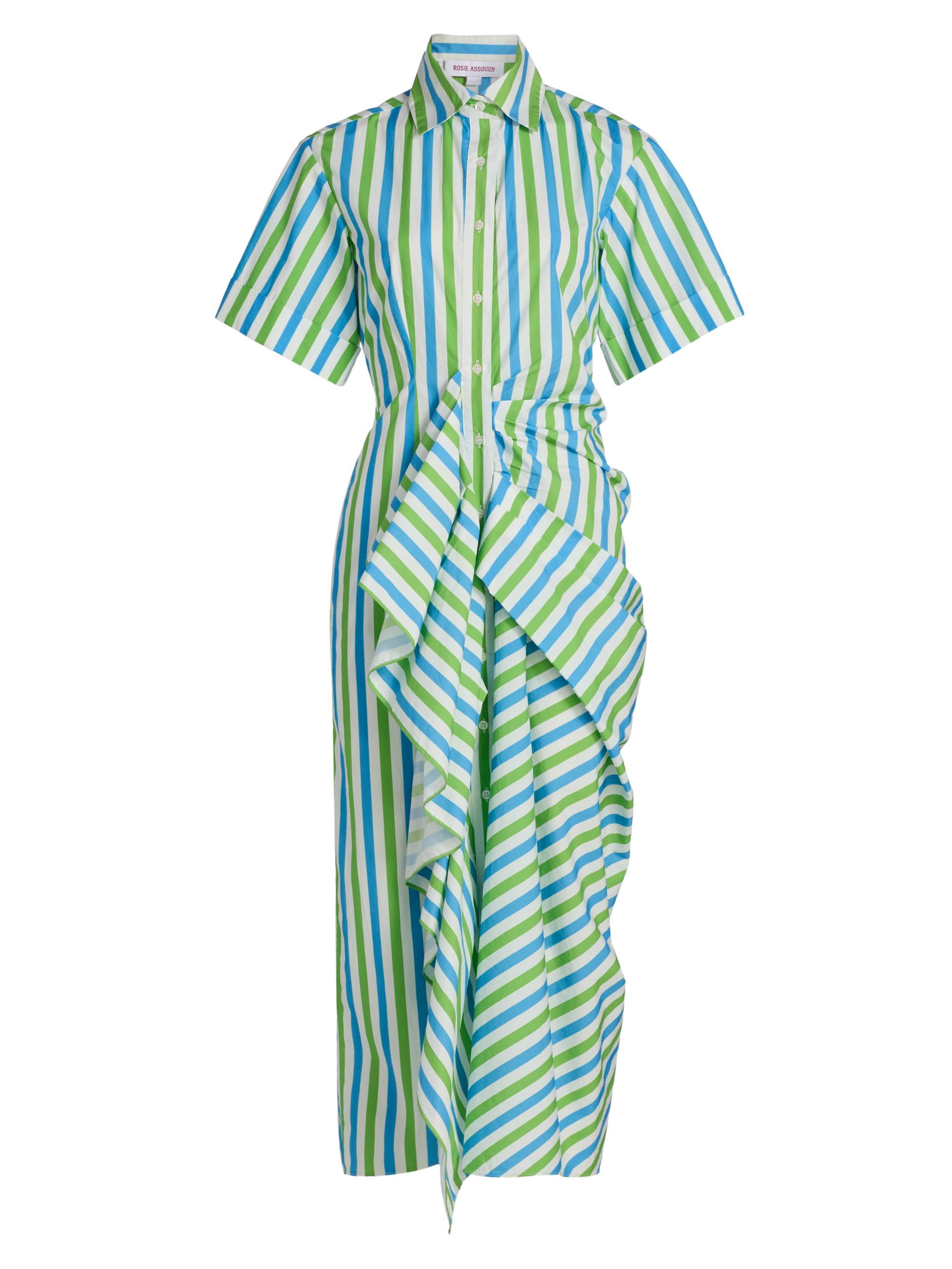 Rosie Assoulin Women's Striped Gathered Ruffle Shirtdress - Blue Green Stripe