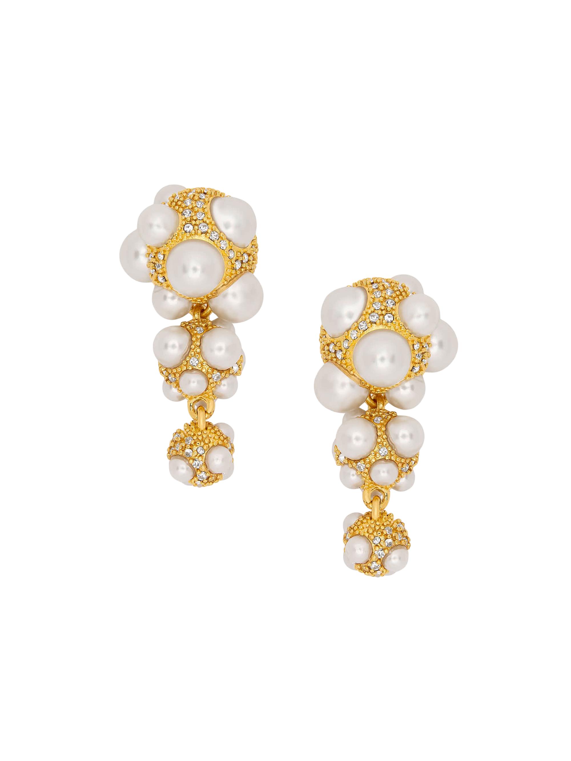 Oscar de la Renta Women's 24K-Gold-Plated Brass, Glass Crystal & Imitation Pearl Pavé Cluster Drop Earrings - Pearl