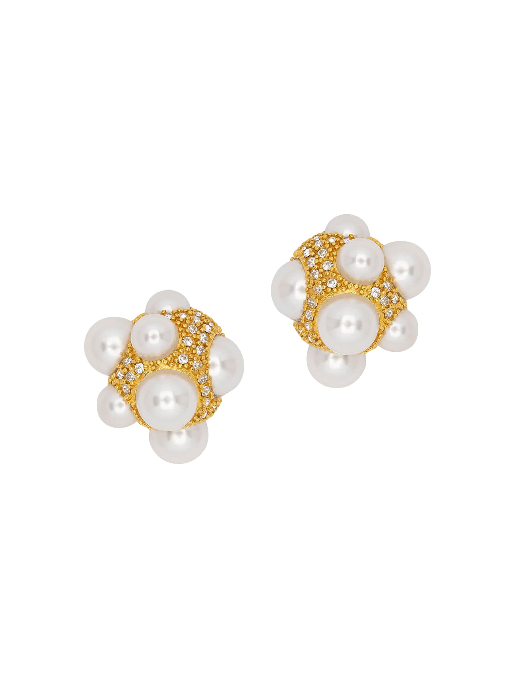 Oscar de la Renta Women's 24K-Gold-Plated Brass, Glass Crystal & Imitation Pearl Pavé Cluster Stud Earrings - Pearl