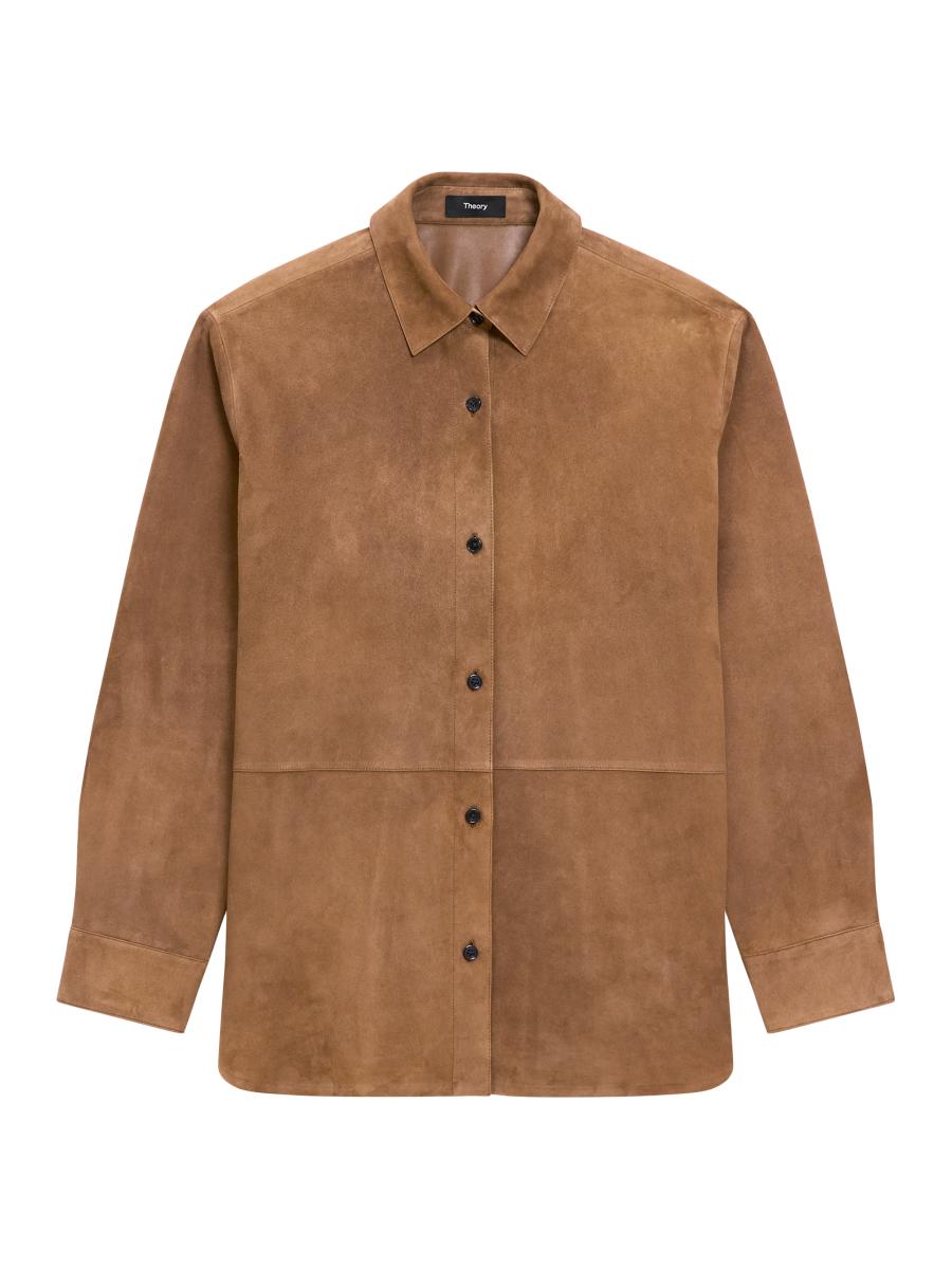 Theory Women's Classic Menswear Leather Shirt In Brown