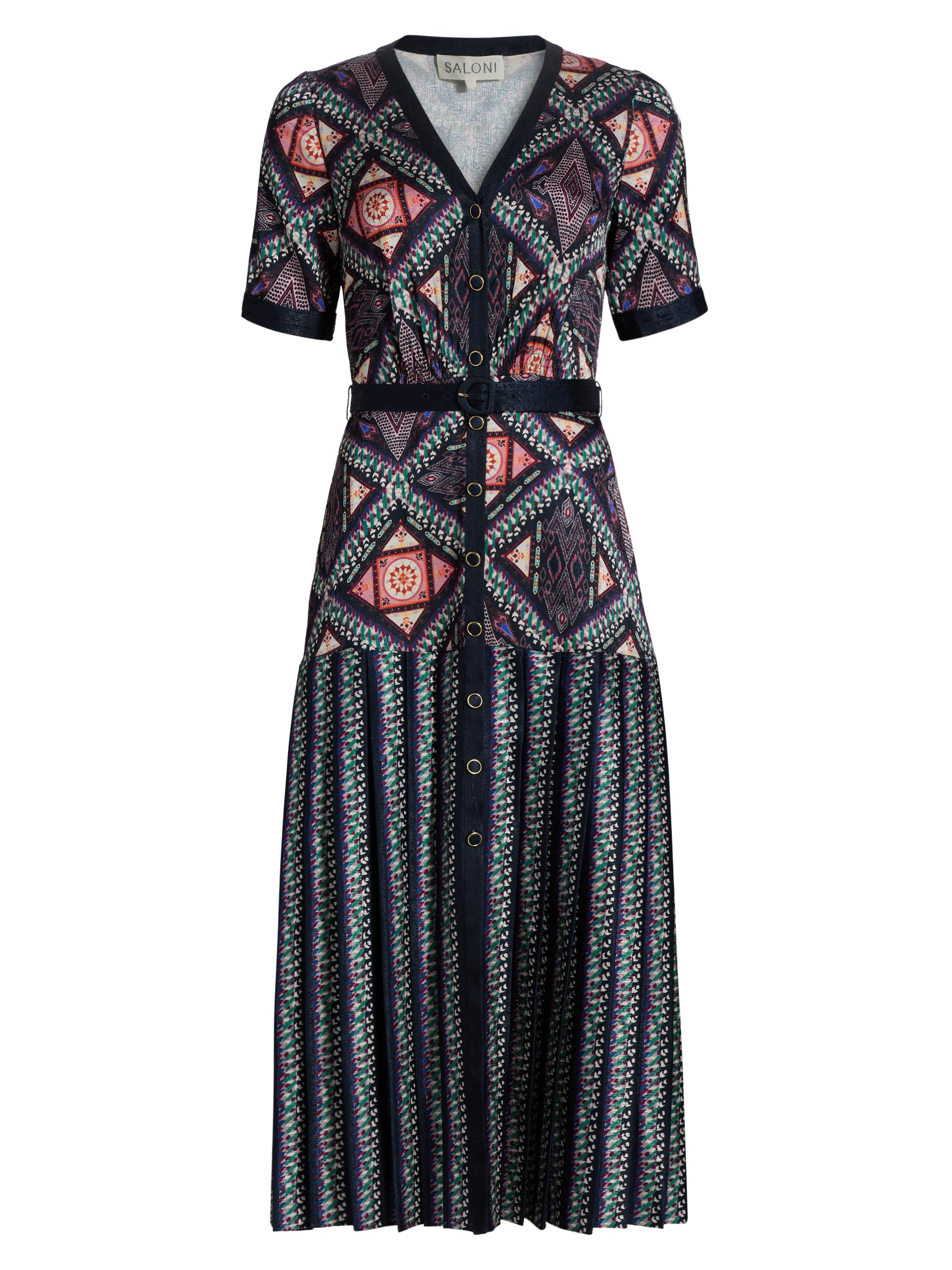 Saloni Women's Lea Belted Floral Satin Shirtdress - Compass Navy