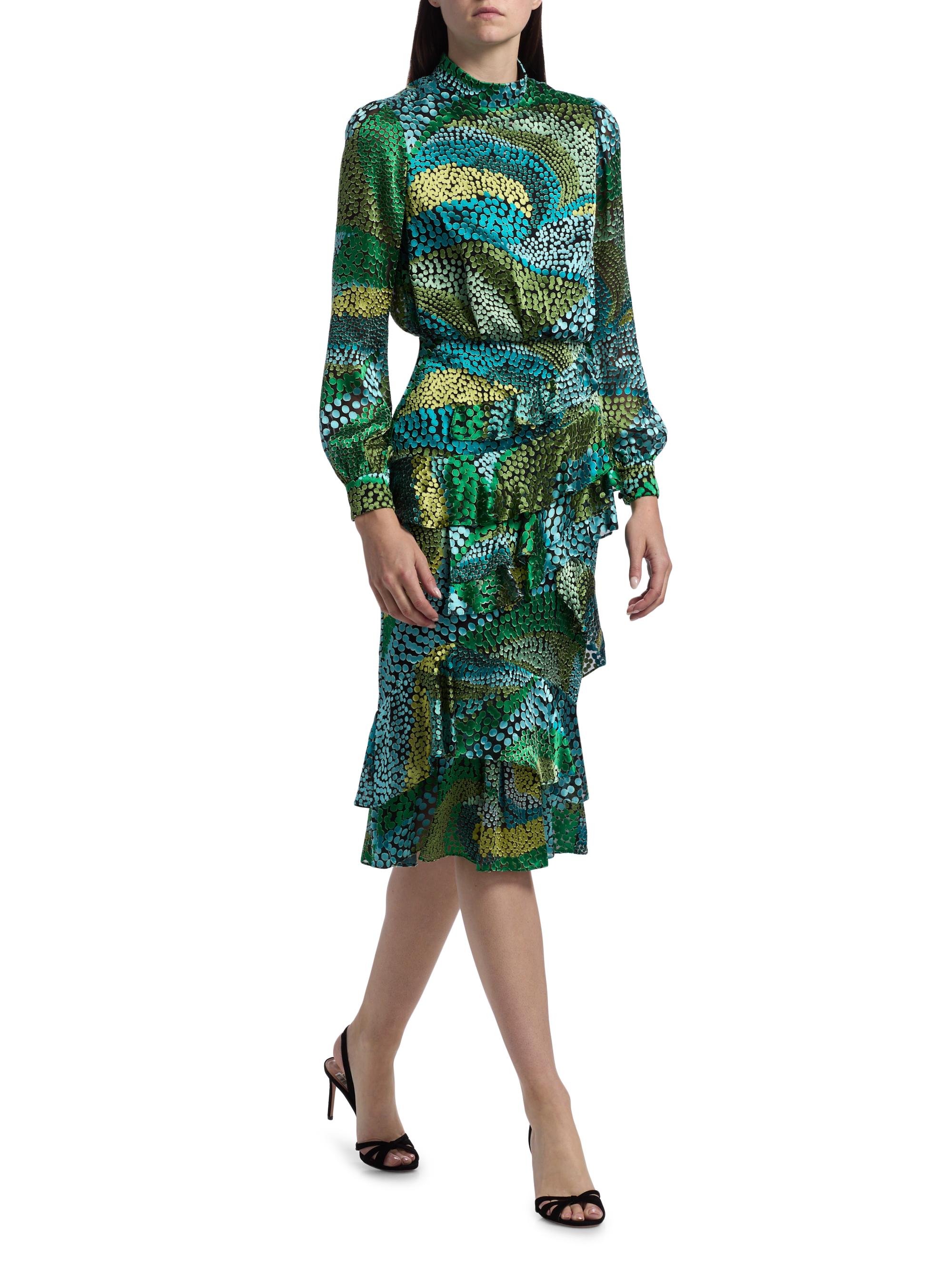 isa silk blend camo print midi dress Saloni Women's Isa Printed Ruffle Midi-Dress - Jungle
