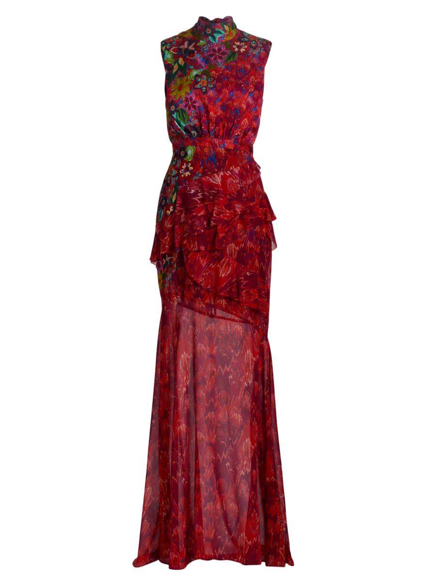 Saloni Women's Fleur Sleeveless Ruffled Silk Maxi Dress