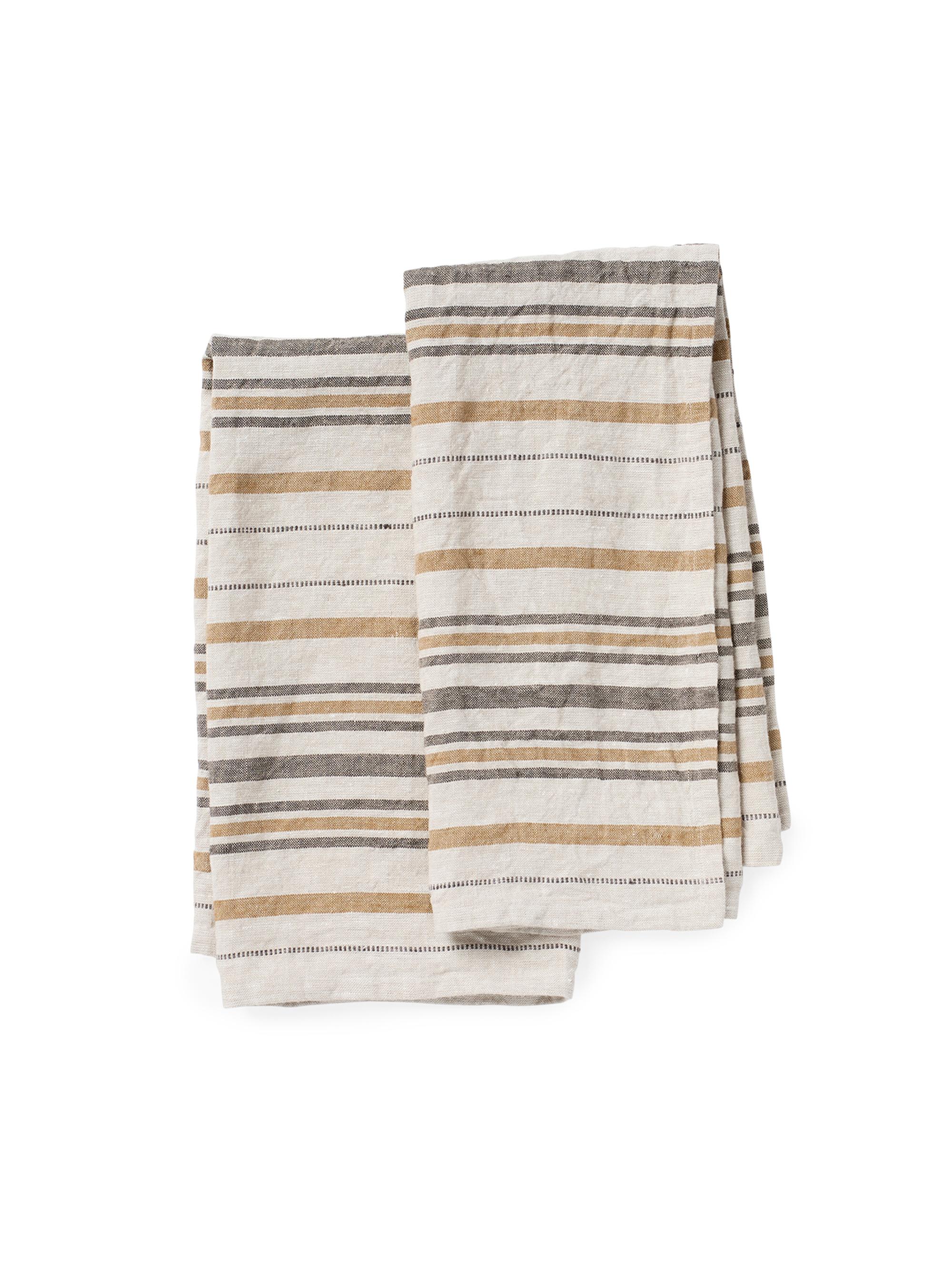 Coyuchi Mojave Organic Linen Hand Towel Set - Espresso Stripe Khaki