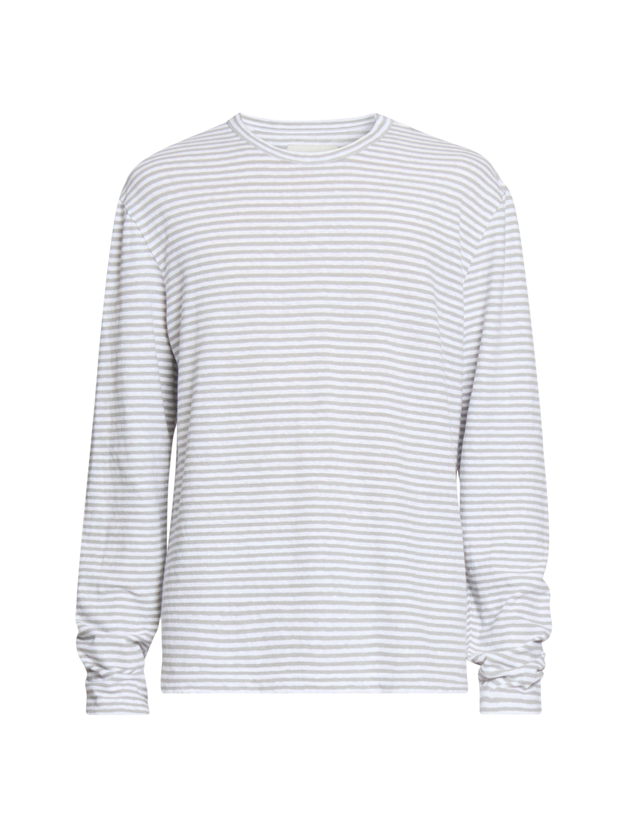 Officine Générale Men's Striped Cotton-Linen Crewneck Shirt - White Heather Grey
