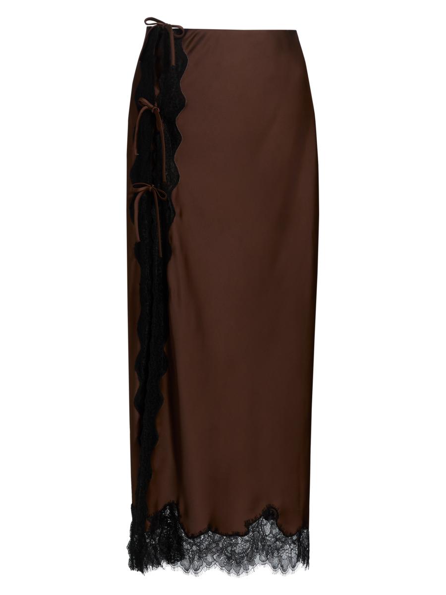 Loveshackfancy Women's Calder Bow-detail Lace-trim Satin Midi-skirt In Brown