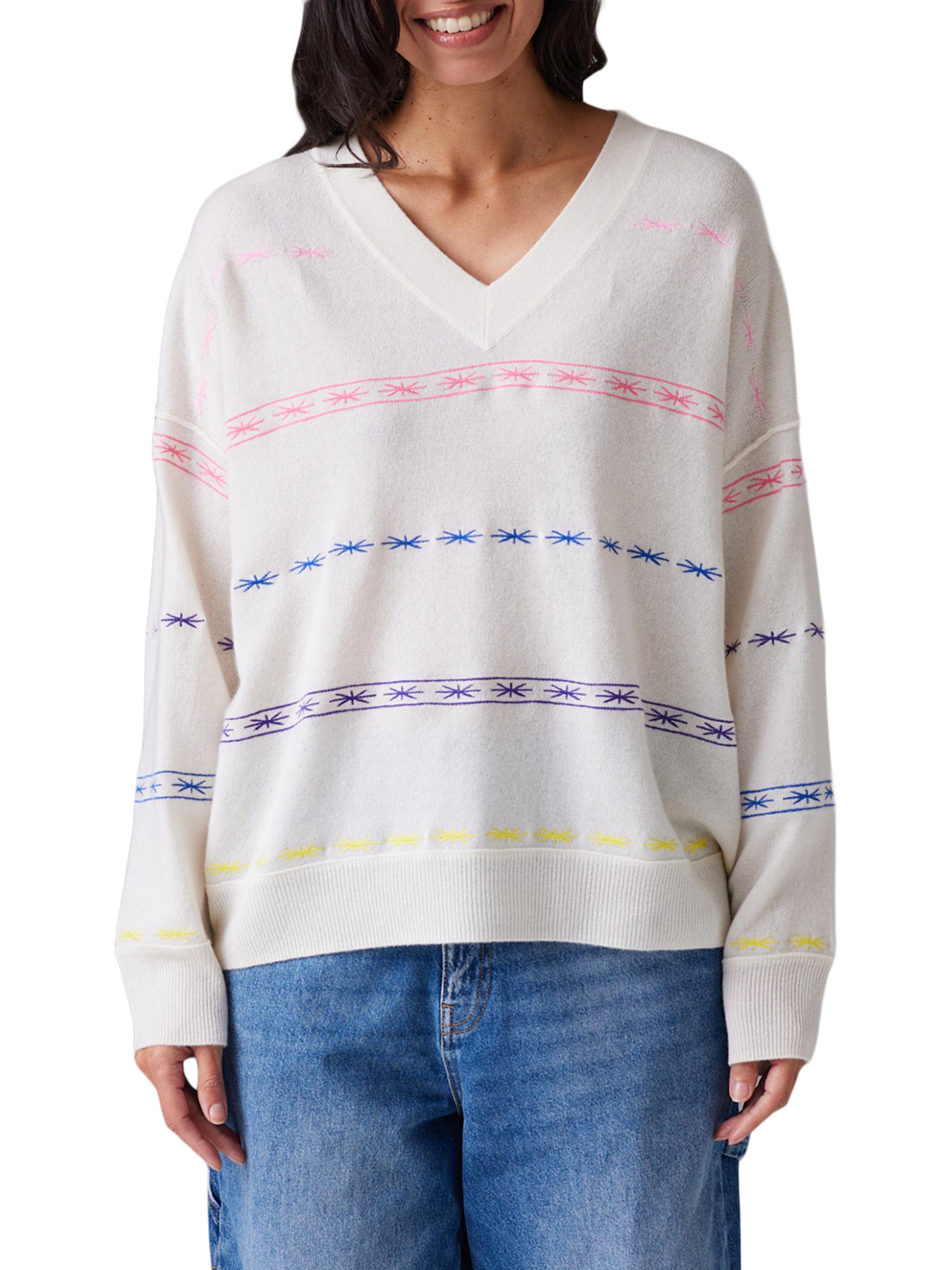 COLORUSH Women's Embroidered Cashmere V-Neck Sweater - White Rainbow