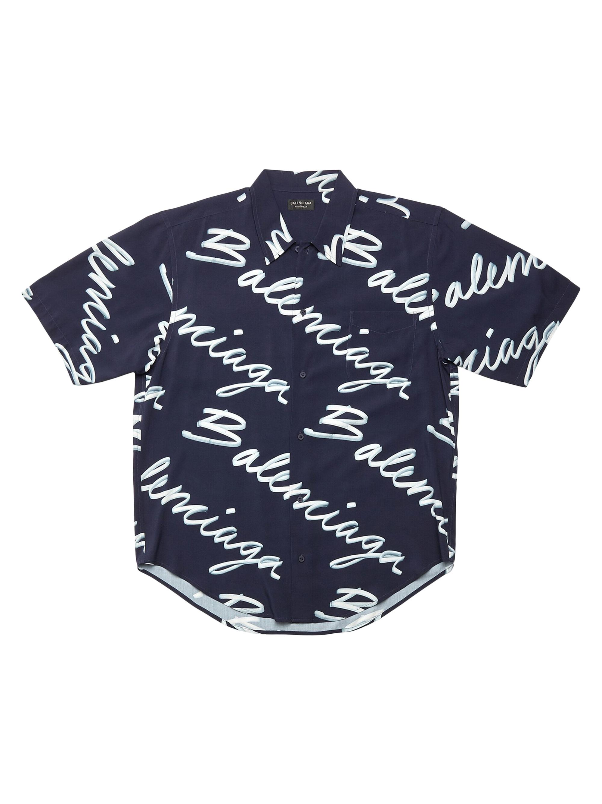Balenciaga Men's Scribble Minimal Short Sleeve Large Fit Shirt - Navy Blue