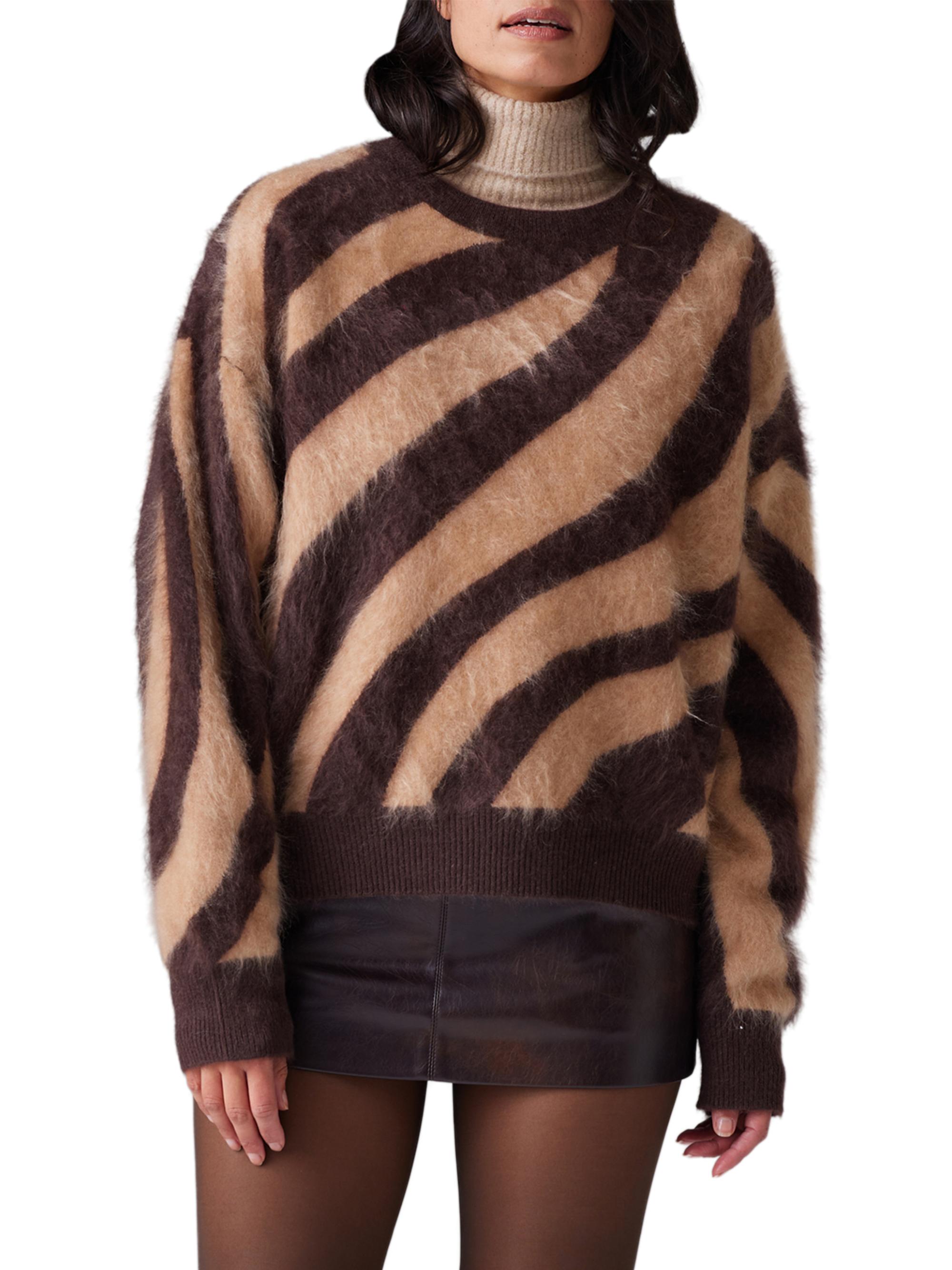 COLORUSH Women's Brushed Cashmere Zebra Crewneck Sweater - Desert Zebra