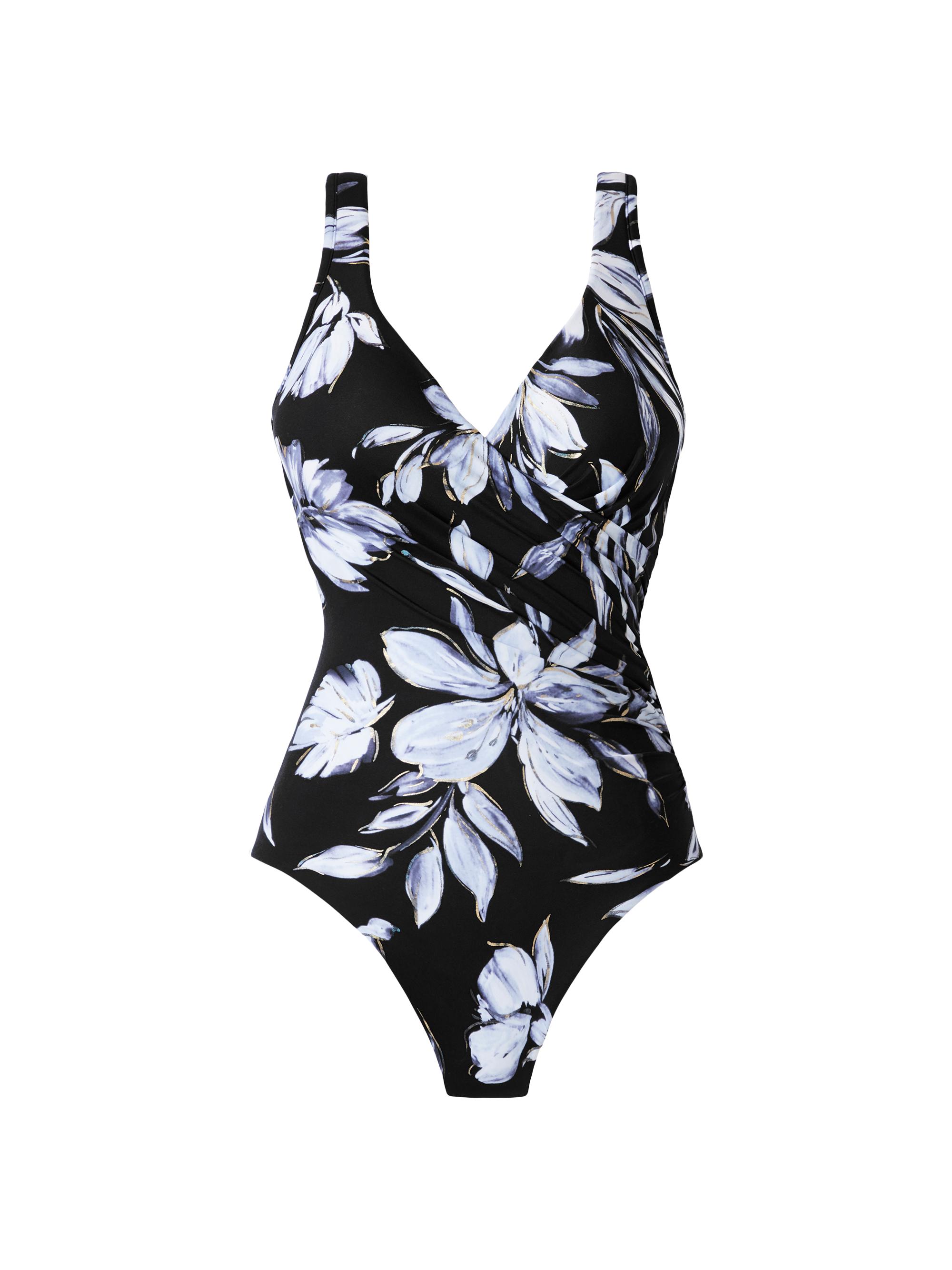 Miraclesuit Swim Women's Fiore Di Luna Floral Wrap One-Piece Swimsuit - Black And White