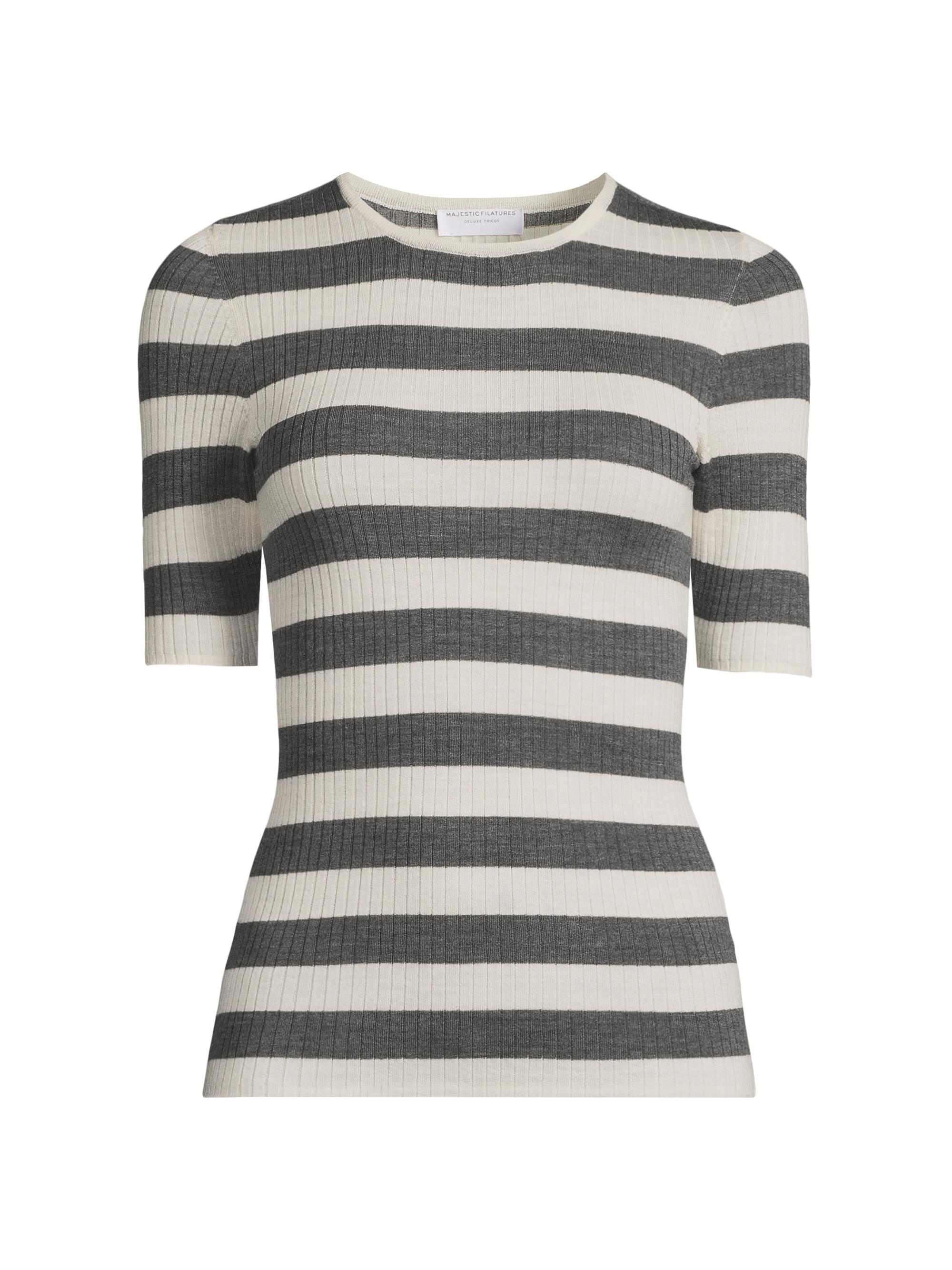Majestic Filatures Women's Striped Merino Wool Top - Milk Gris Chine