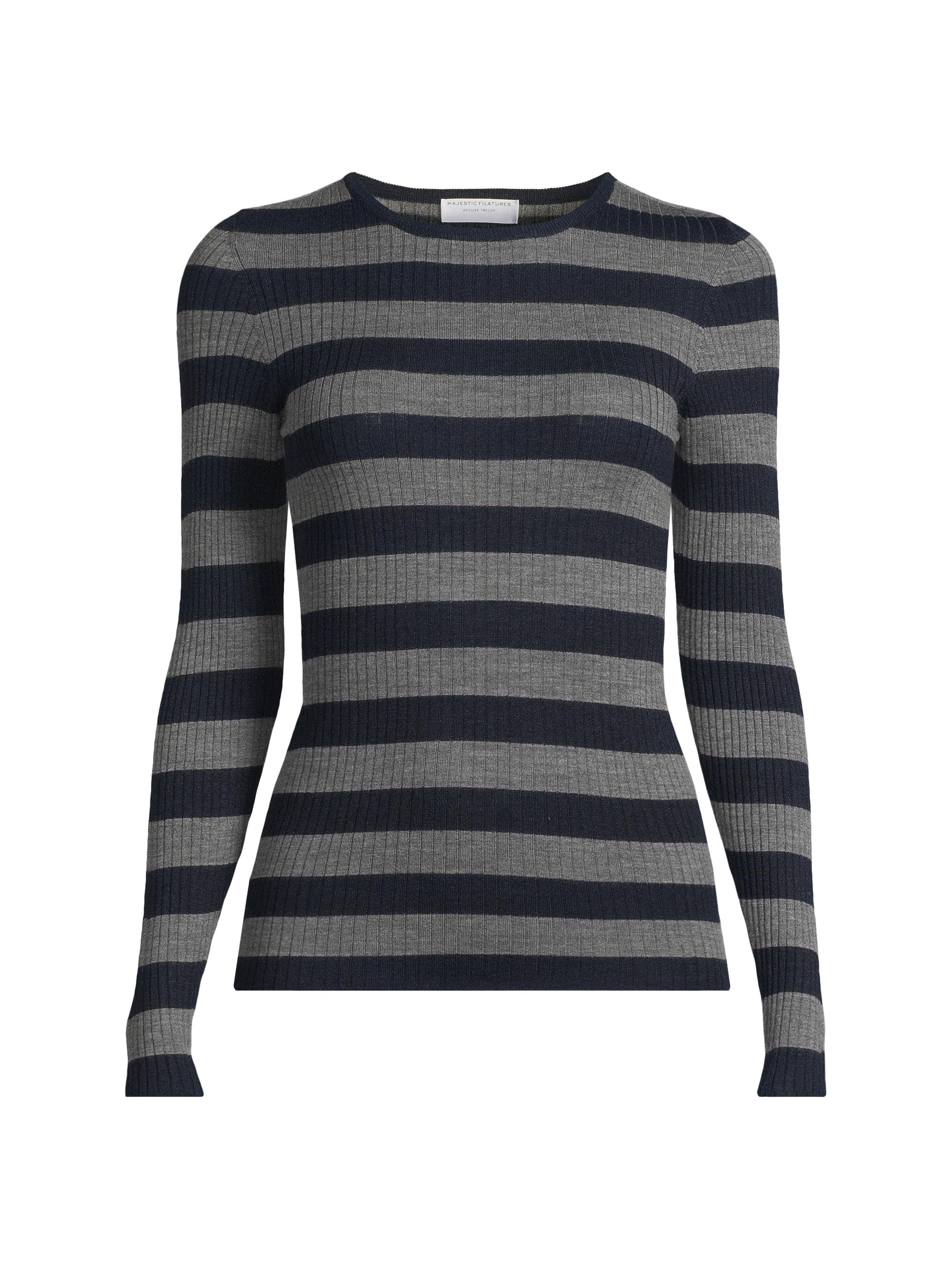 Majestic Filatures Women's Striped Merino Wool Long-Sleeve Top - Marine Gris Chine