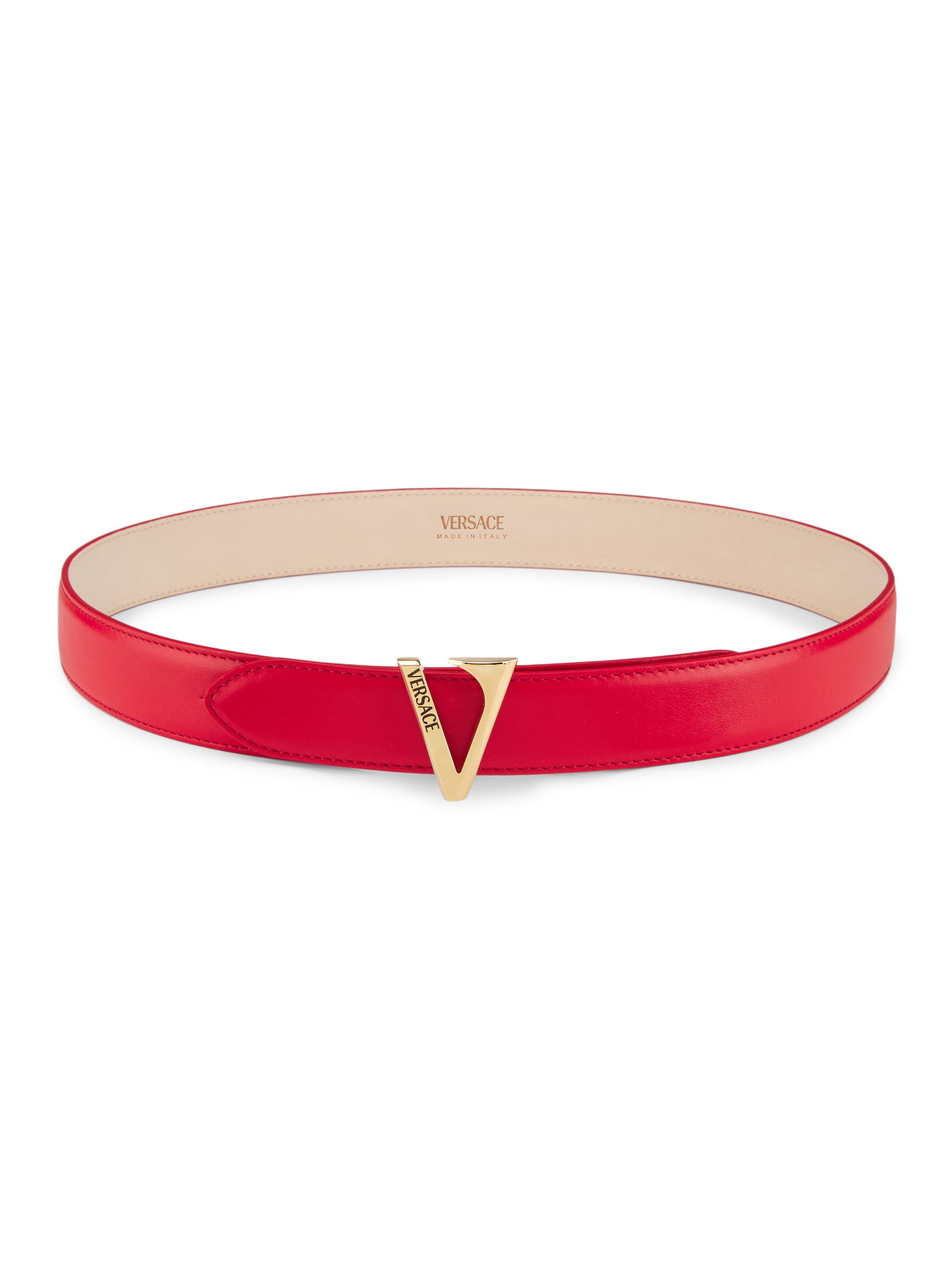 Versace Women's V Buckle Leather Belt - Red Gold