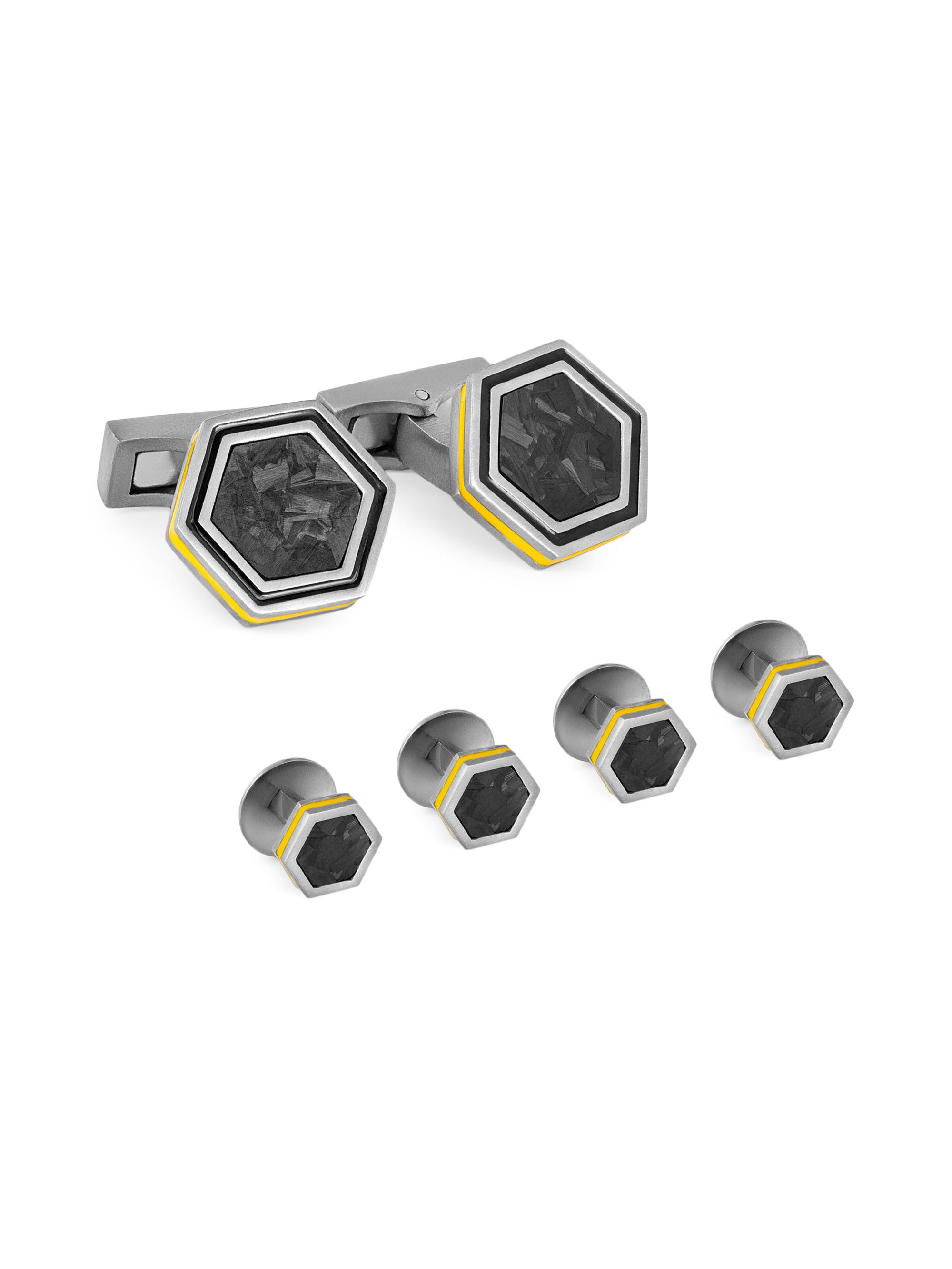 Tateossian Men's  x Lamborghini Hex Titanium-Enamel Cufflinks & Shirt Stud Set - Black Yellow