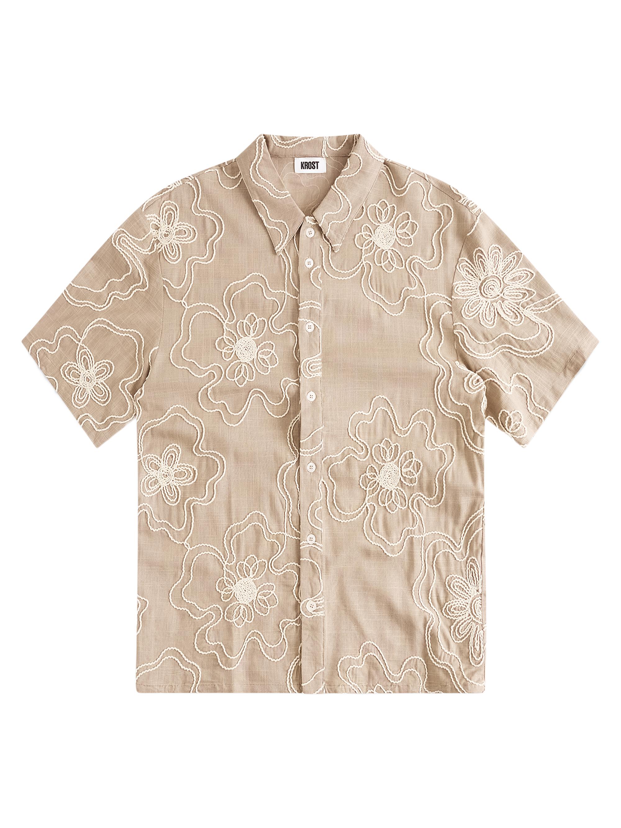 Krost Men's Havana Embroidered Short Sleeve Shirt - Egret