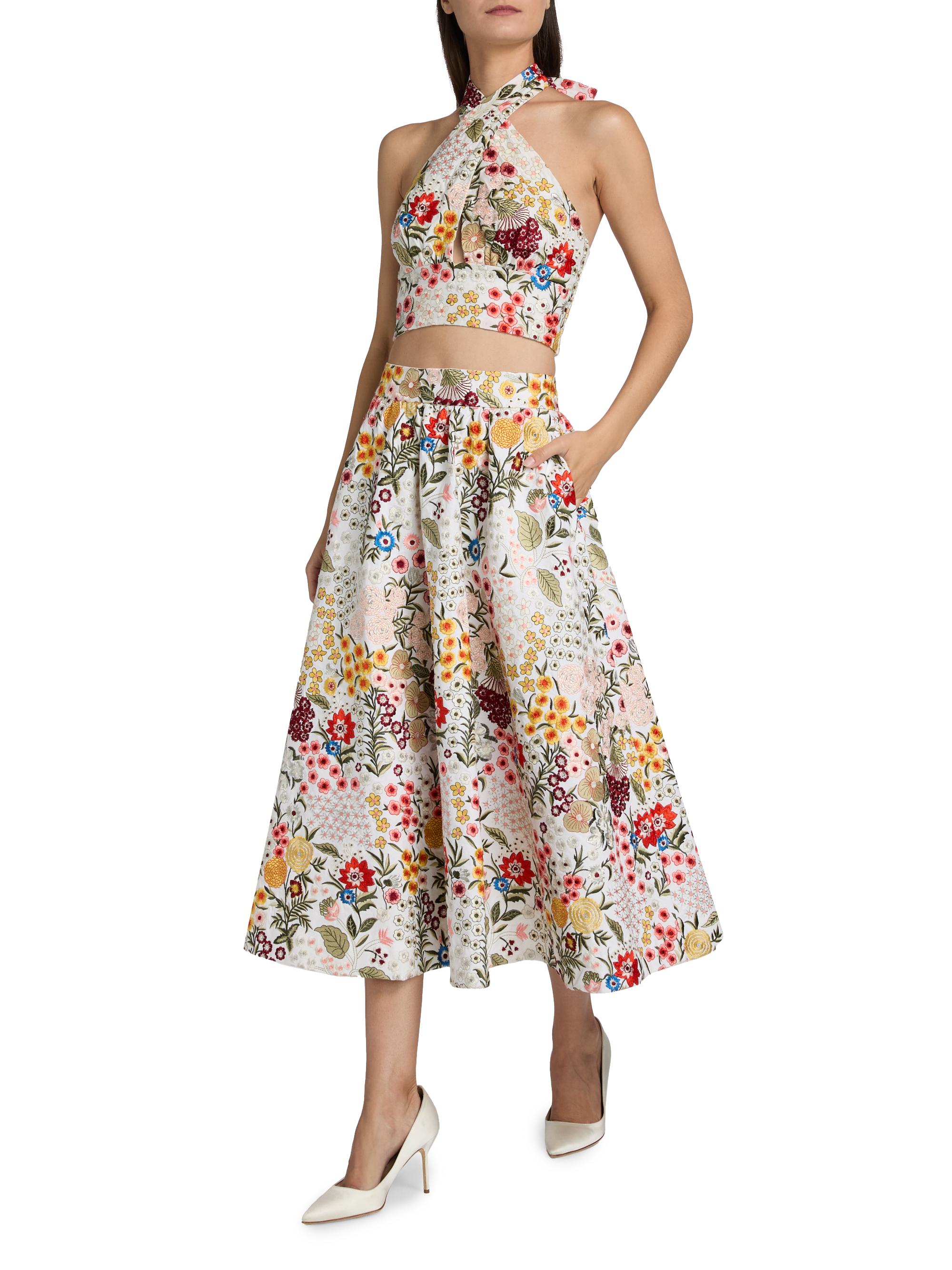 Earla Floral-Embroidered Cotton Midi-Skirt