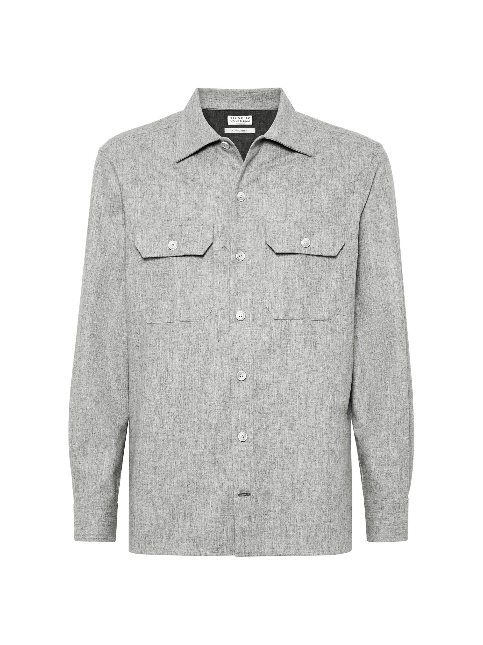 Brunello Cucinelli Men's Virgin Wool Flannel Overshirt with Chest Pockets - Pearl Grey