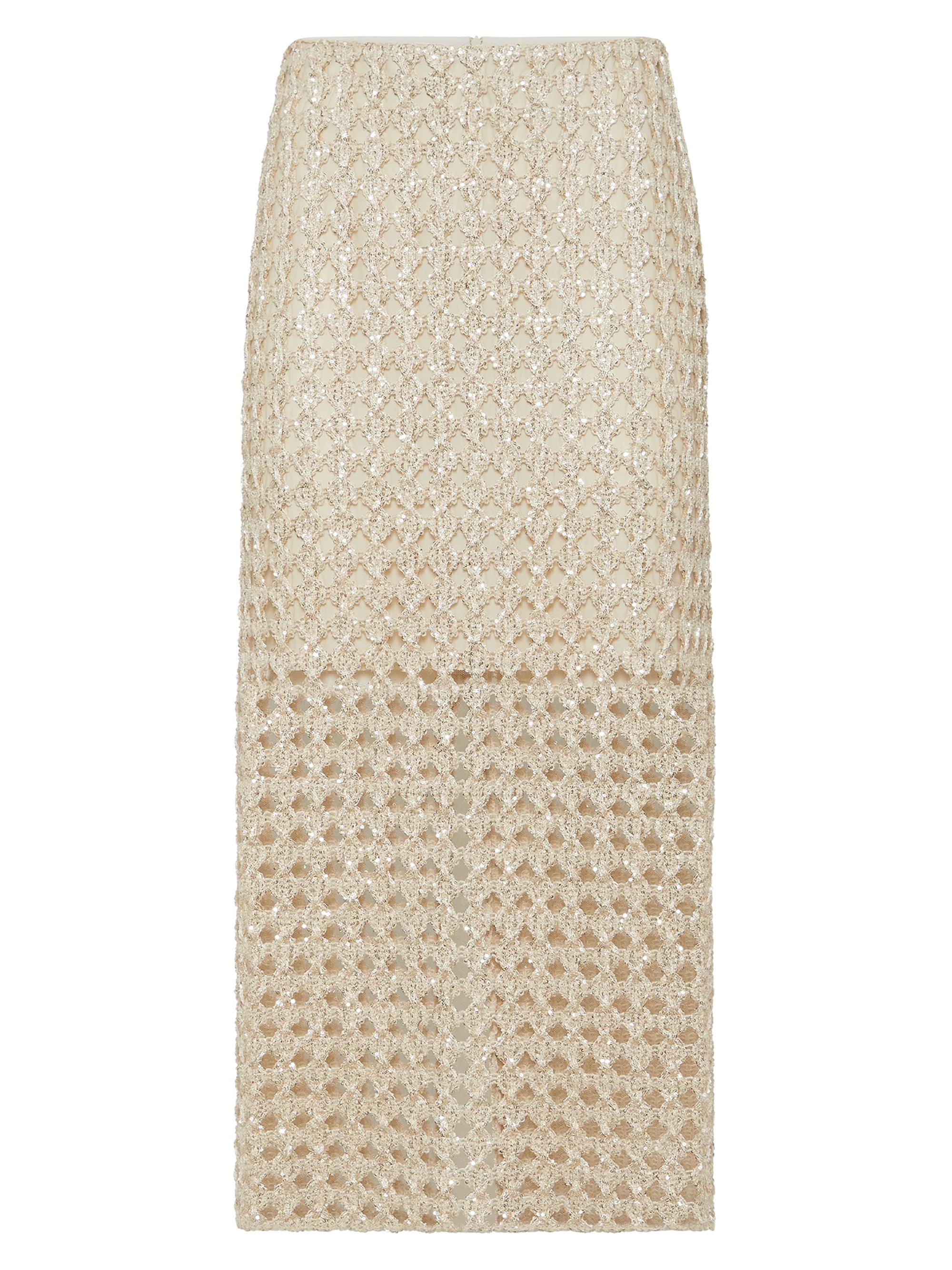 Brunello Cucinelli Women's Dazzling Zellige Embroidery Knit Midi Skirt in Jute and Cotton - Camel