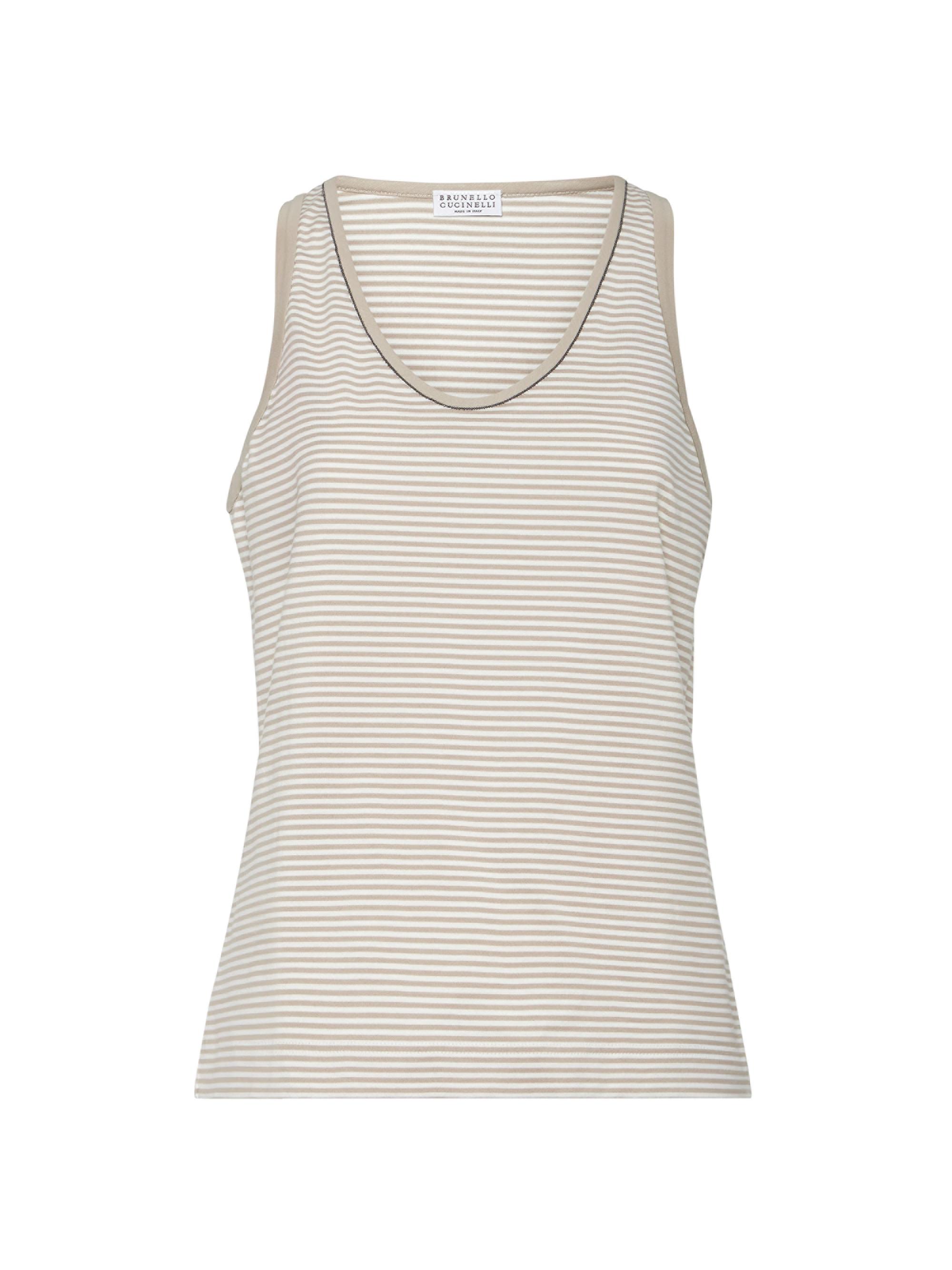 Brunello Cucinelli Women's Striped Cotton Jersey Top with Shiny Neck Detail -