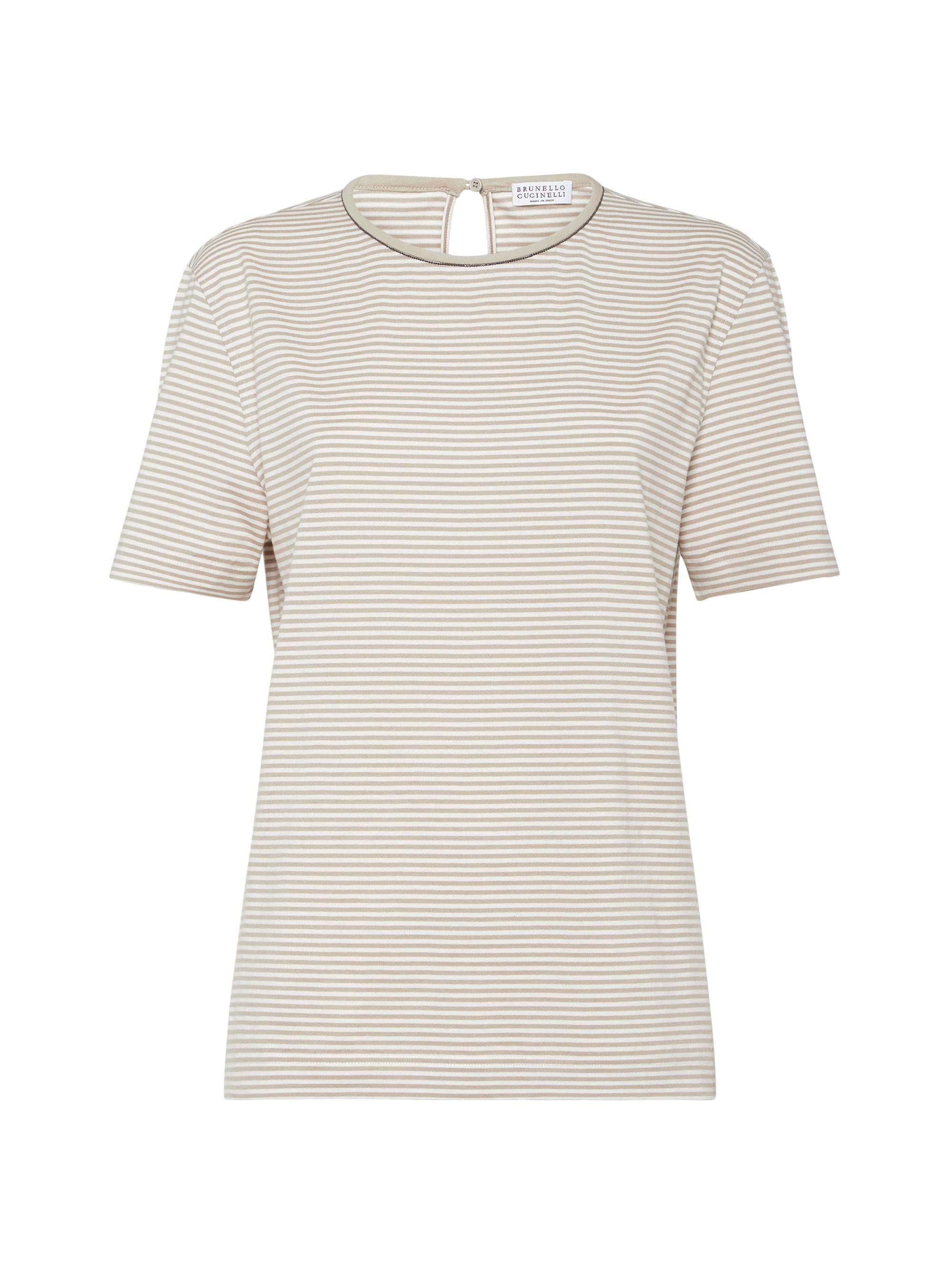 Brunello Cucinelli Women's Striped Cotton Jersey T-Shirt with Shiny Neck Details -
