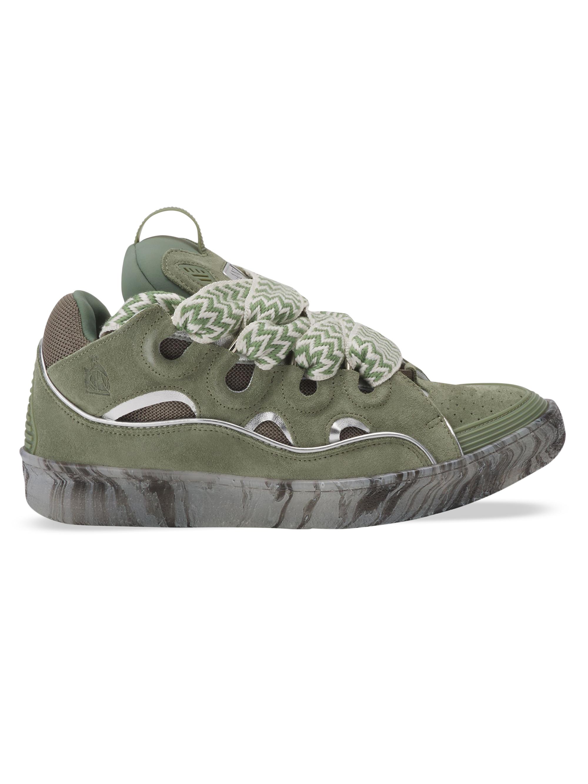 Lanvin Men's Leather Curb Sneakers with Marbled Sole - Green Silver