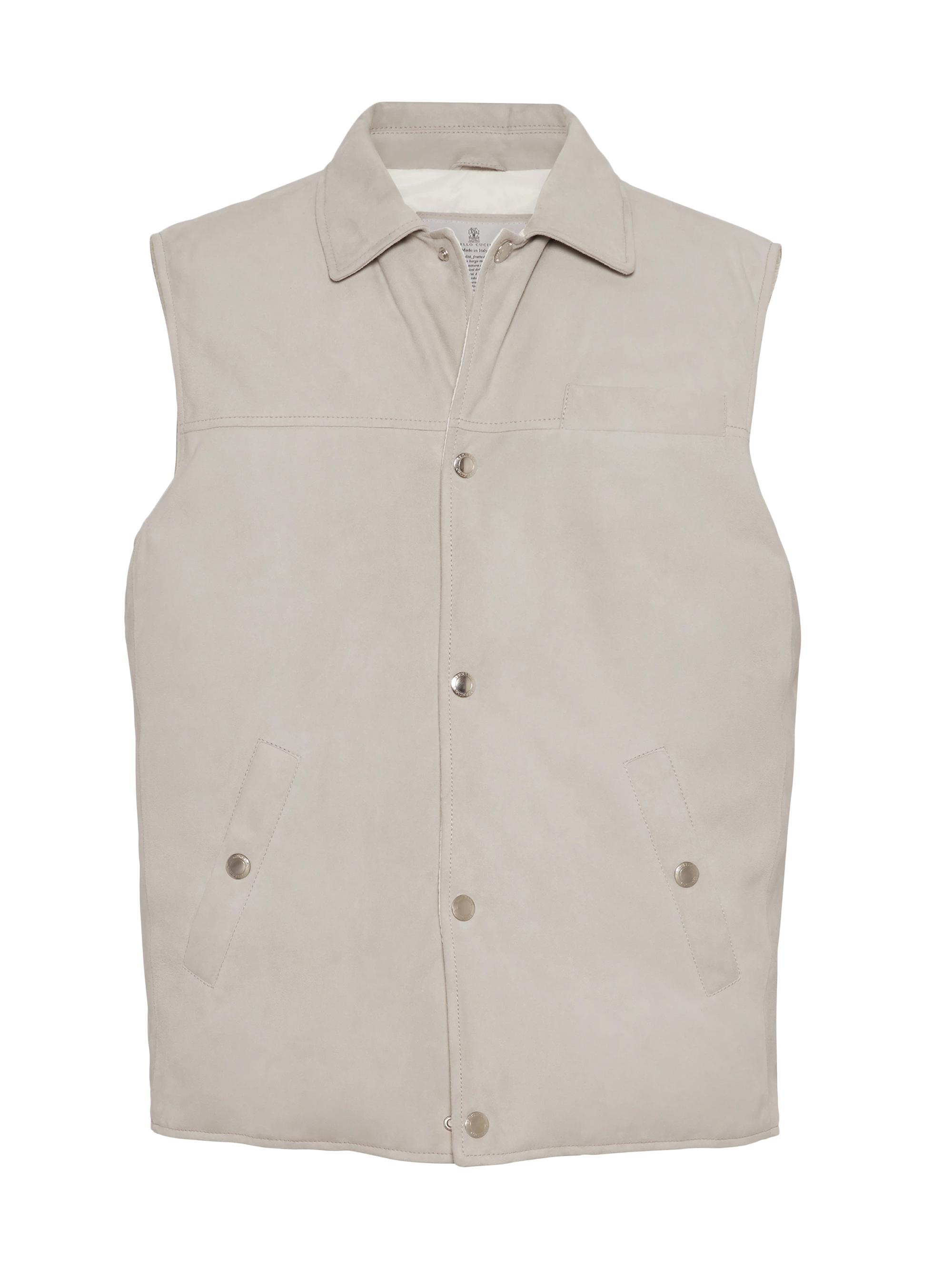 Brunello Cucinelli Men's Suede Down Vest with Shirt Style Collar -