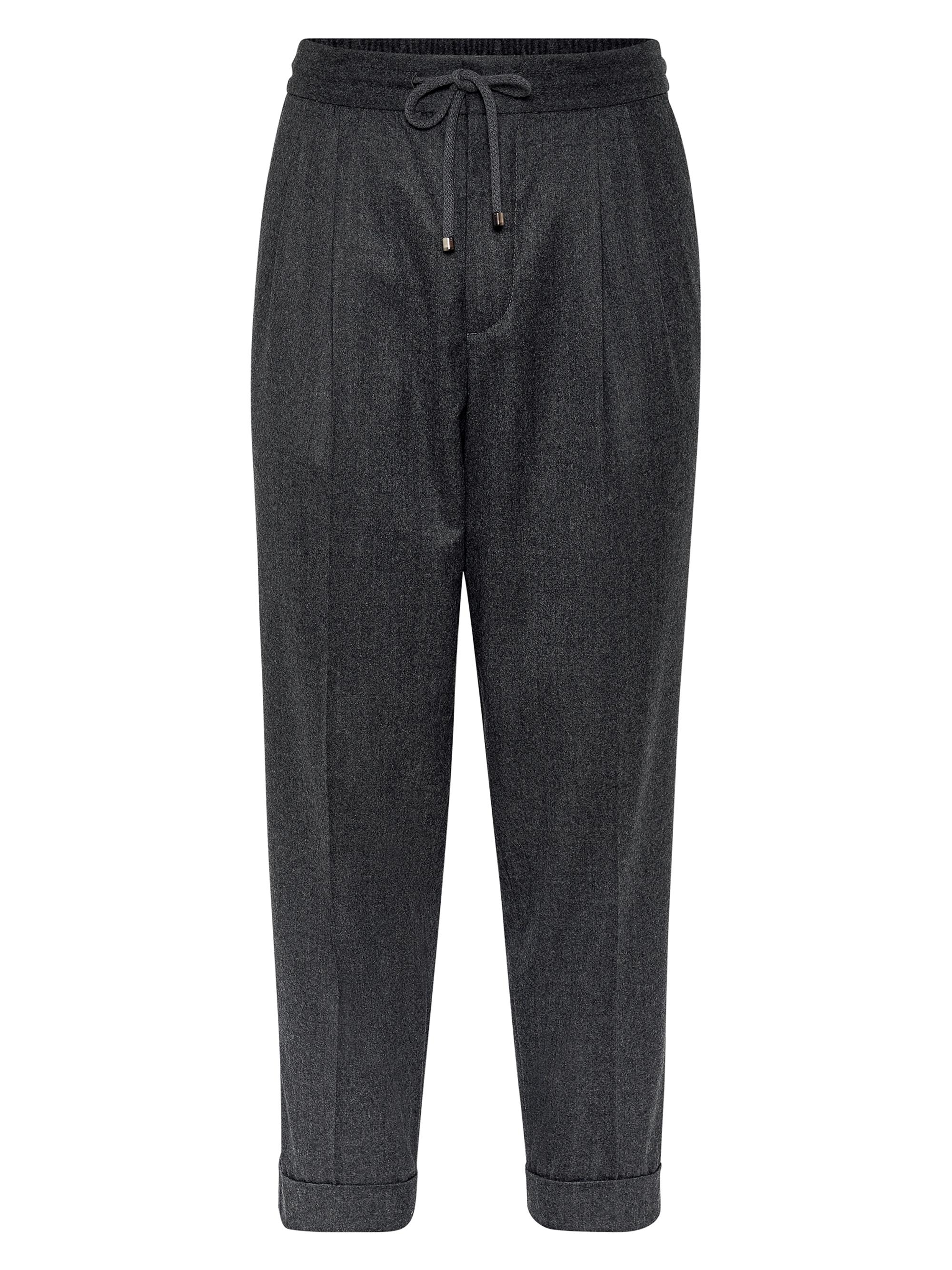 Brunello Cucinelli Men's Virgin Wool Flannel Leisure Fit Trousers with Drawstring - Dark Grey