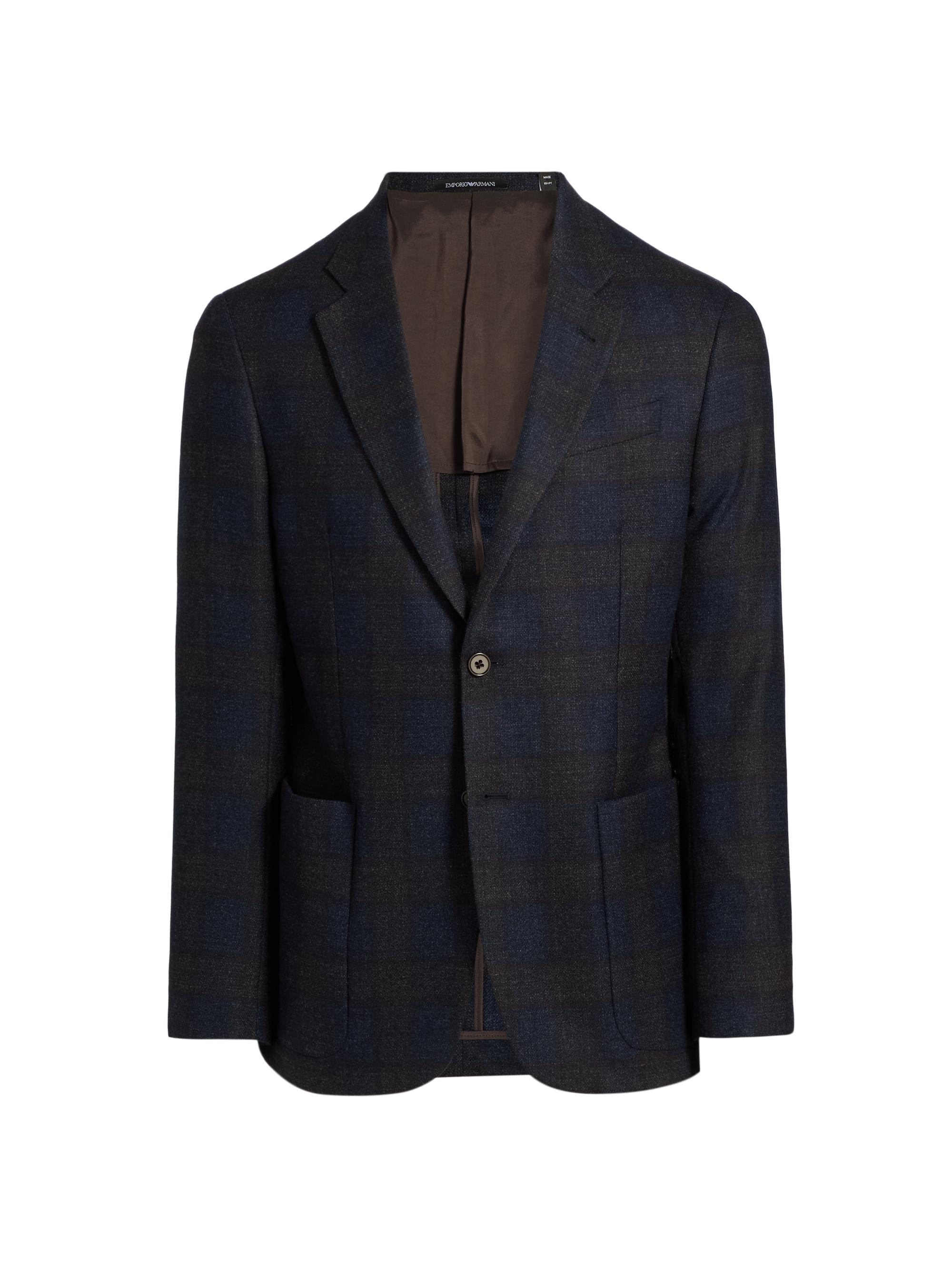 Emporio Armani Men's Patch Pocket Plaid Wool Sport Coat - Navy