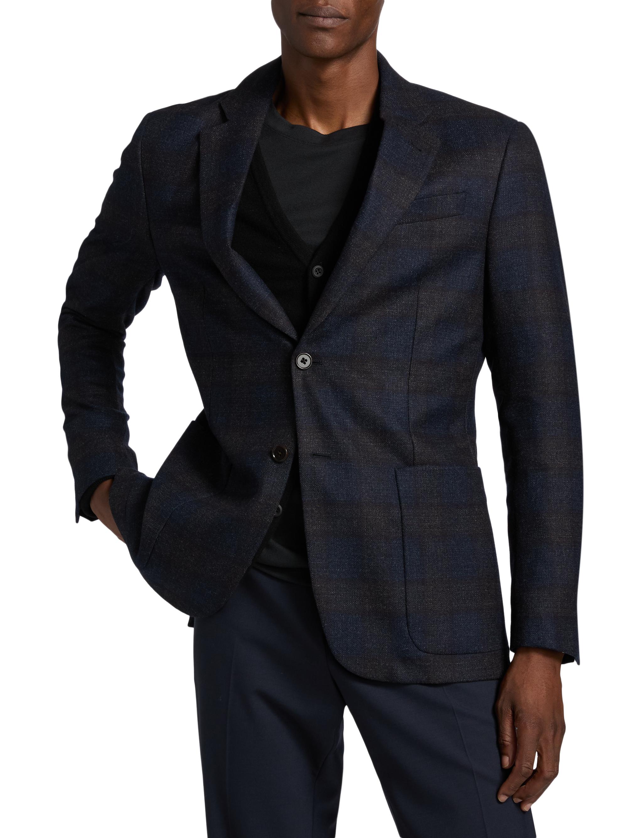 Emporio Armani Men's Patch Pocket Plaid Wool Sport Coat - Navy | Thumbnail 3