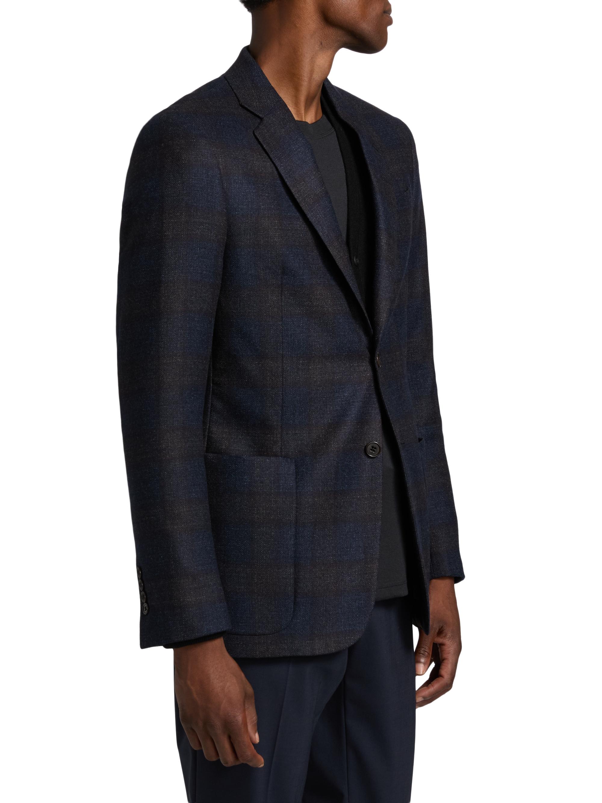 Emporio Armani Men's Patch Pocket Plaid Wool Sport Coat - Navy | Thumbnail 4