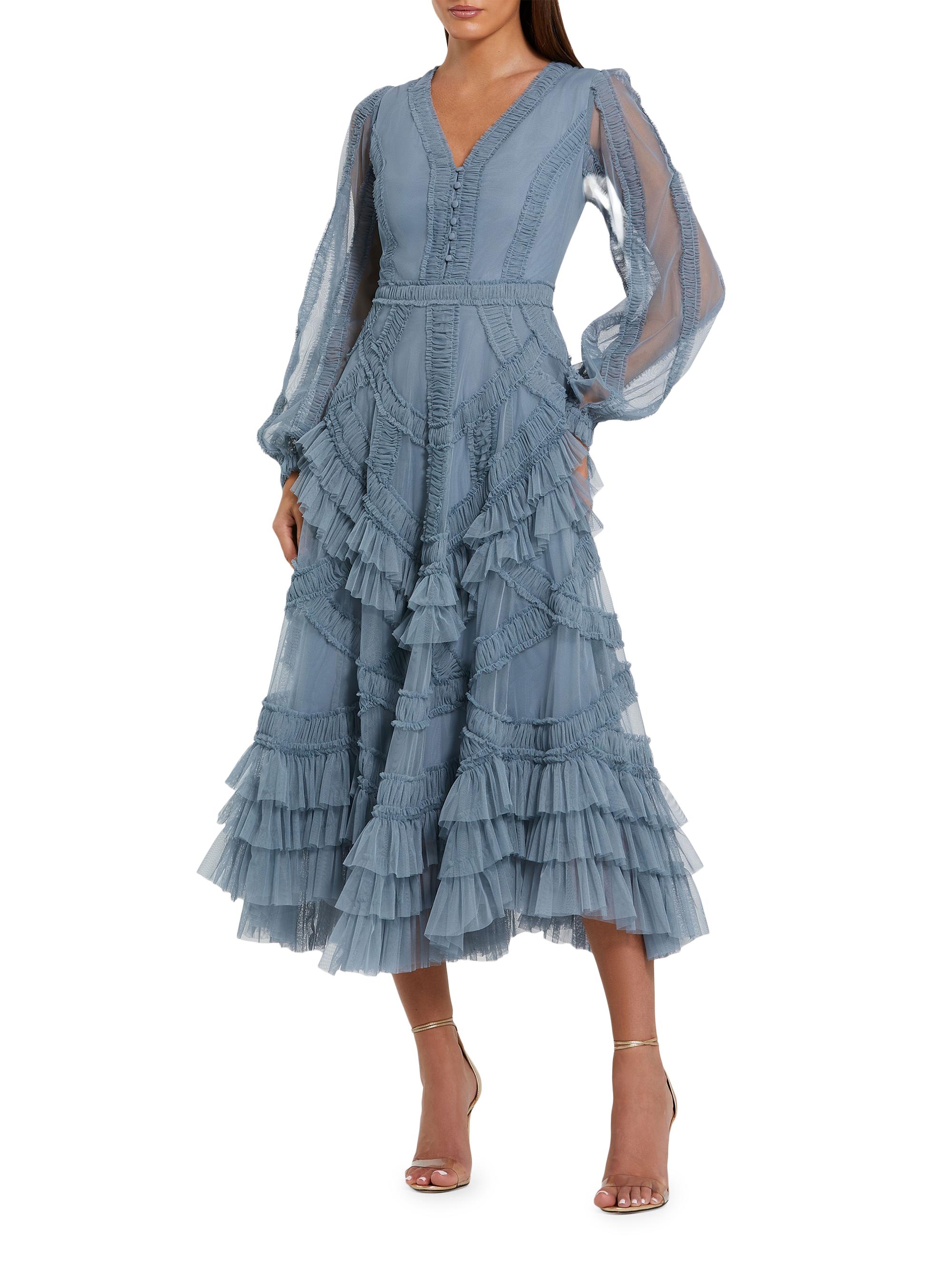 Mac Duggal Women's Mesh Micro Ruffle Midi-Dress - Slate Blue