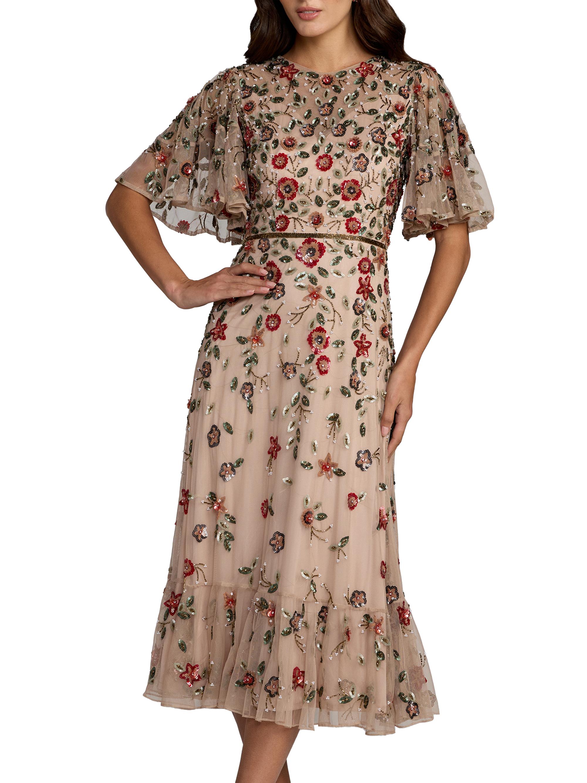 Mac Duggal Women's Floral Beaded Mesh Midi-Dress - Antique Rose