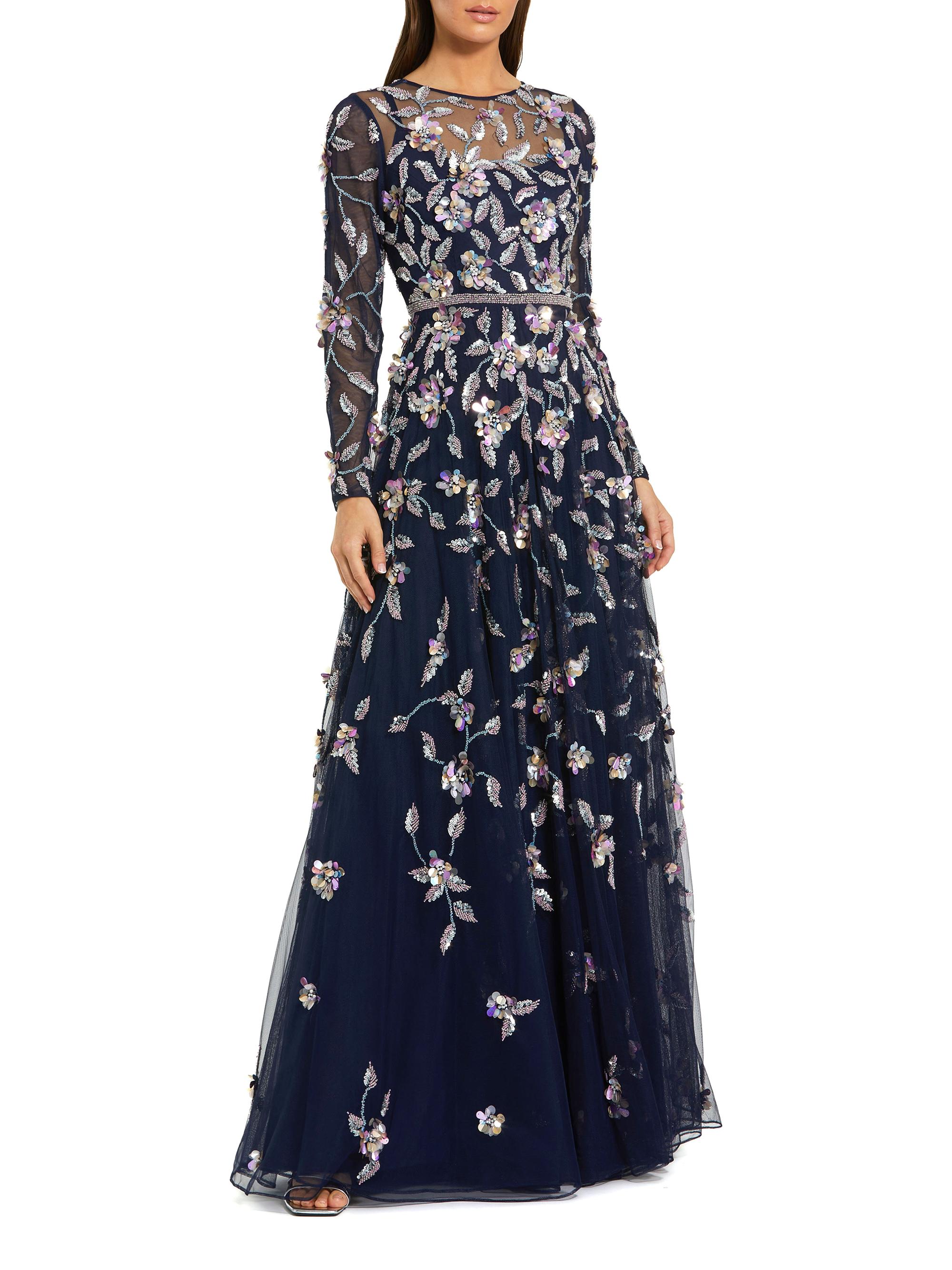 Mac Duggal Women's Floral Embellished Mesh Long-Sleeve Gown - Midnight Multi