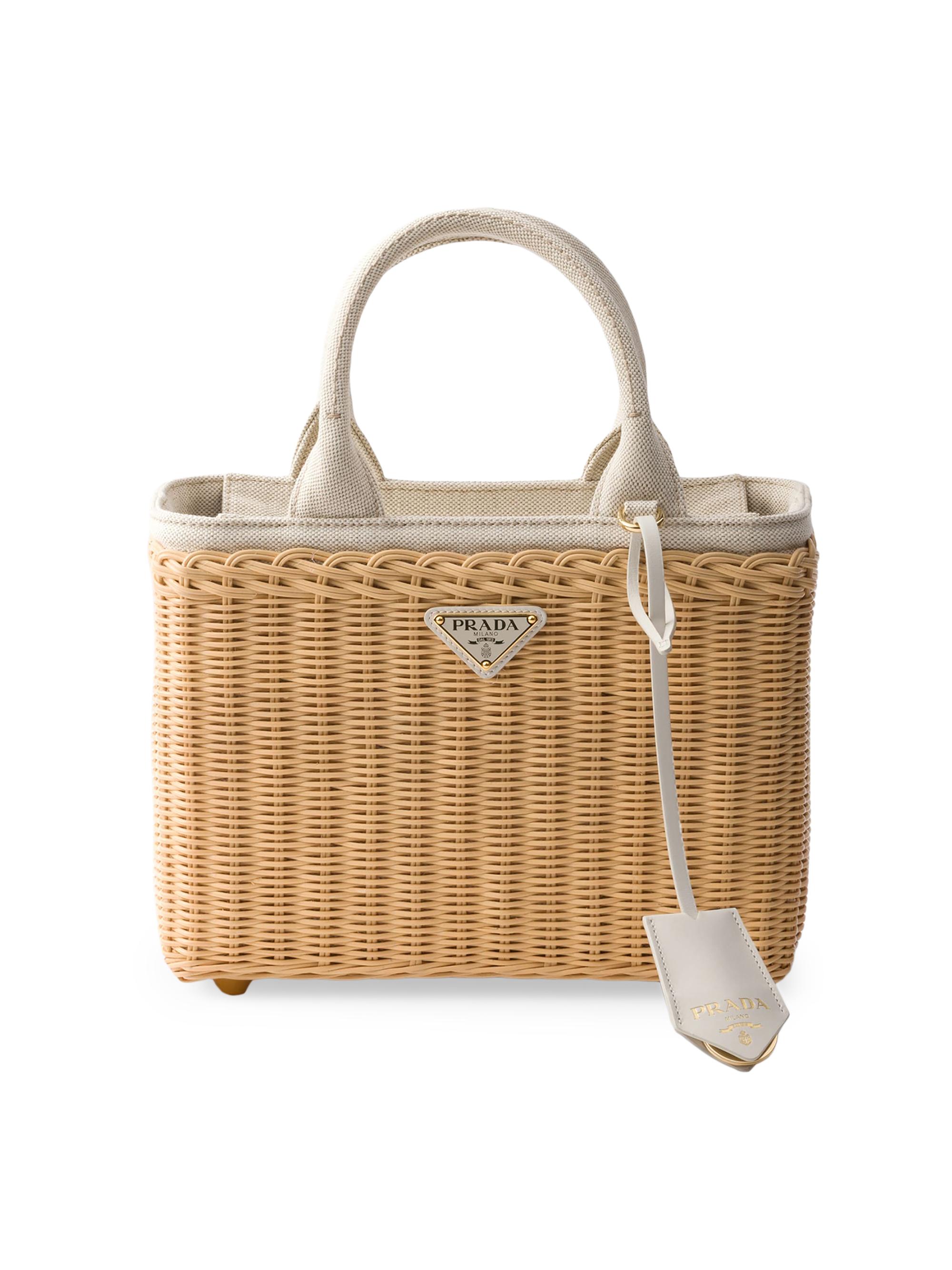 Prada Women's  Wicker and Linen Blend Tote Bag - Beige Khaki