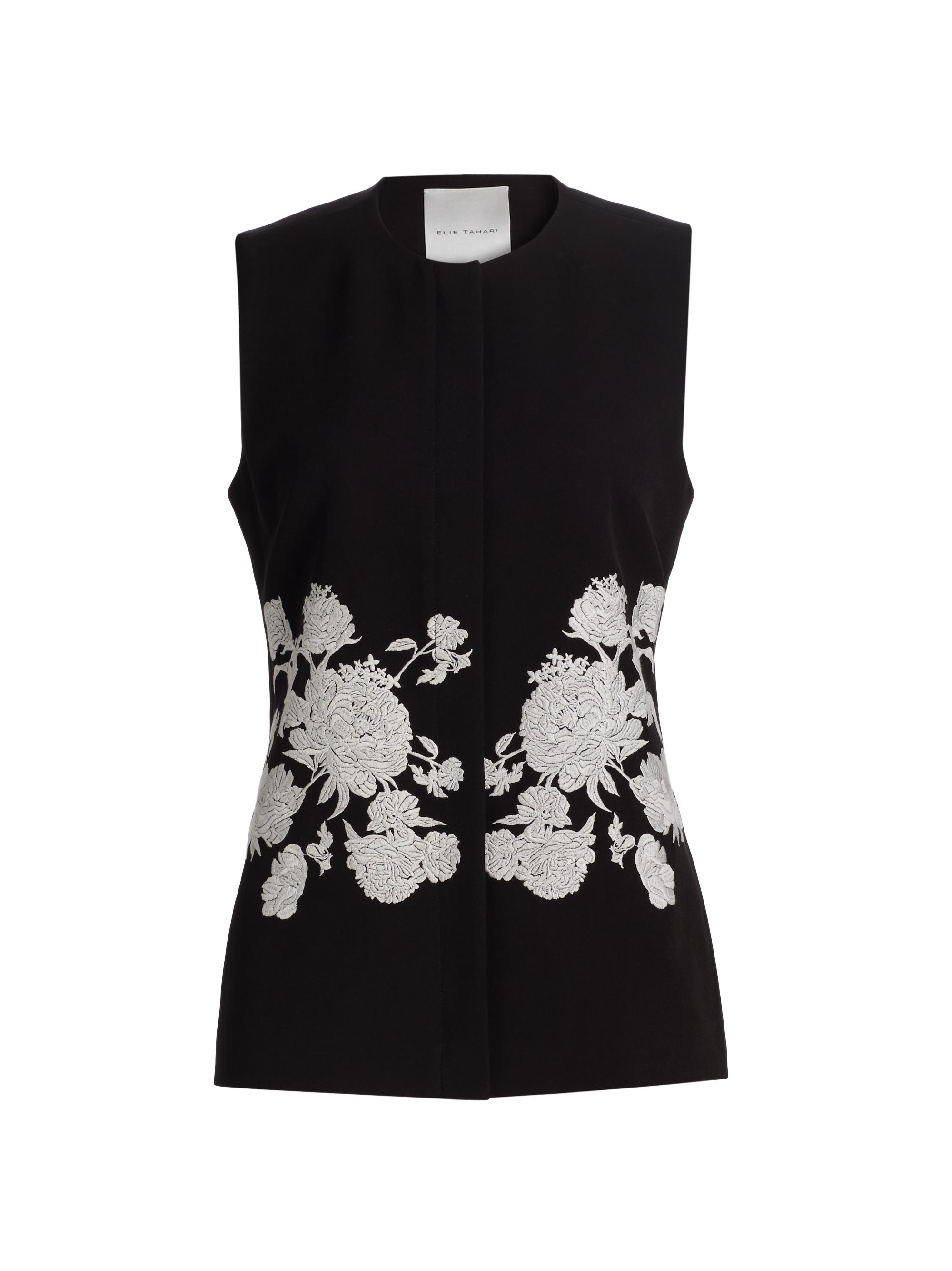 Elie Tahari Women's Isla Embroidered Sleeveless Jacket - Noir And White