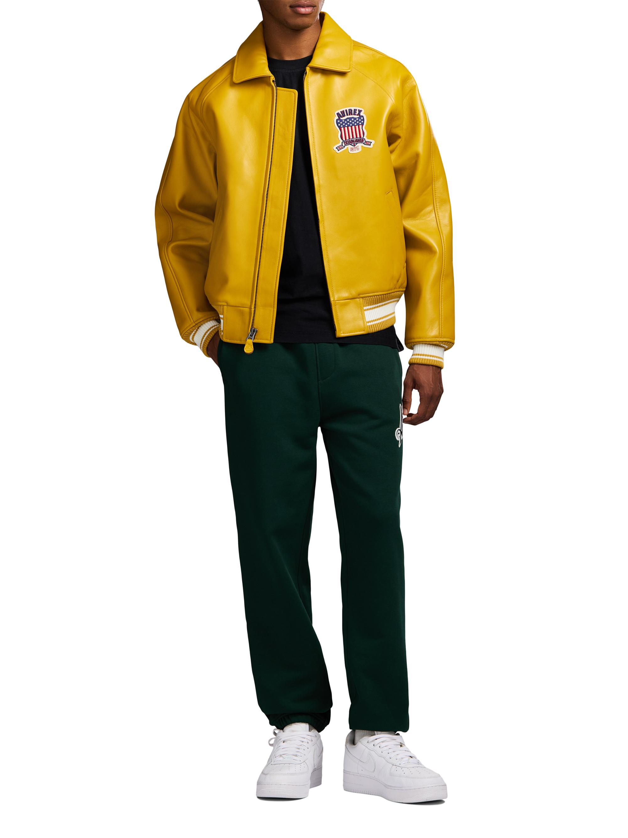 Avirex Men's Fashion Icon Leather Bomber Jacket - Mustard - Women's Clothing