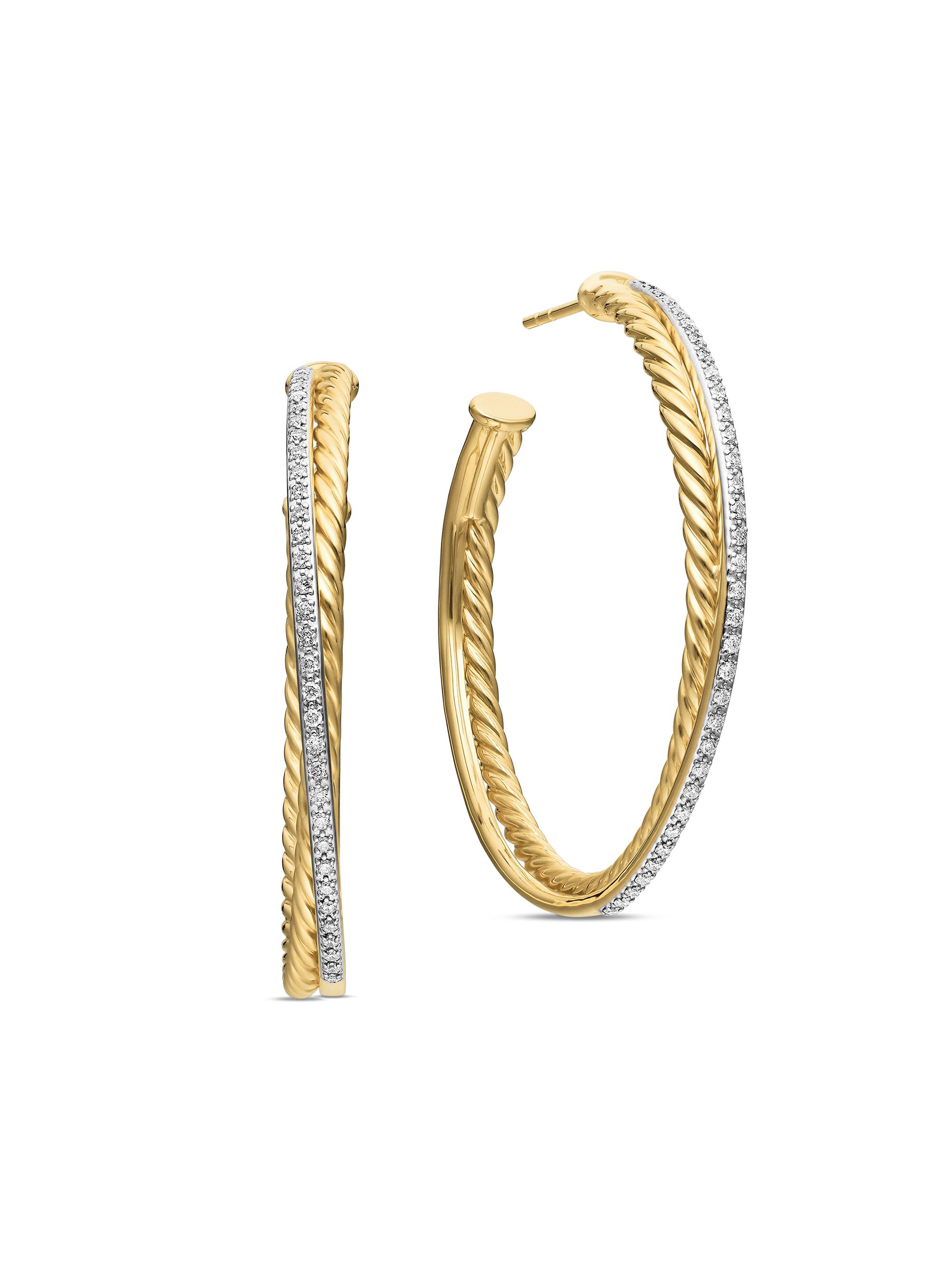 David Yurman Women's Crossover Hoop Earrings in 18K Yellow Gold with Diamonds - Diamond