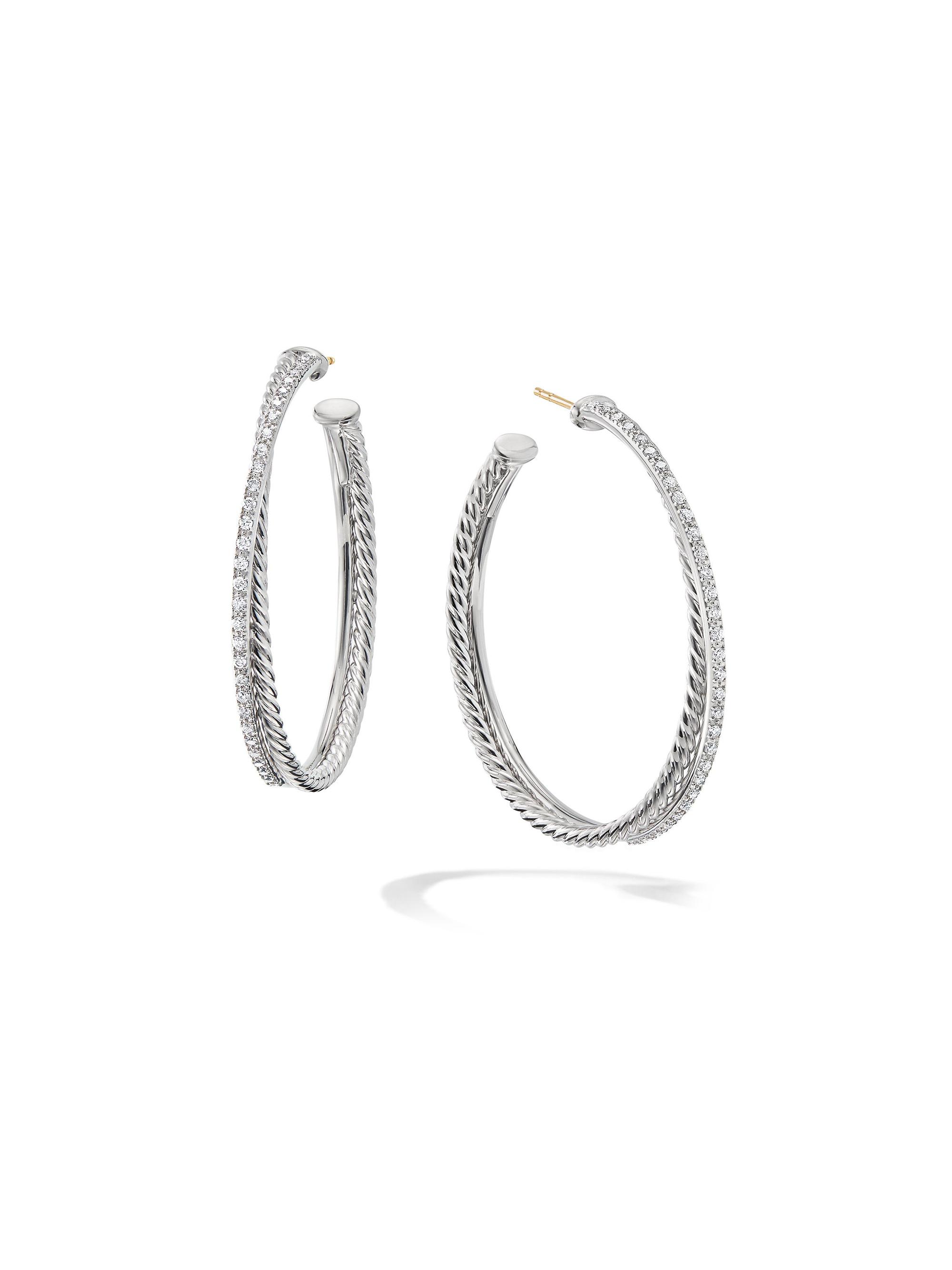 David Yurman Women's Crossover Hoop Earrings in Sterling Silver with Diamonds - Diamond