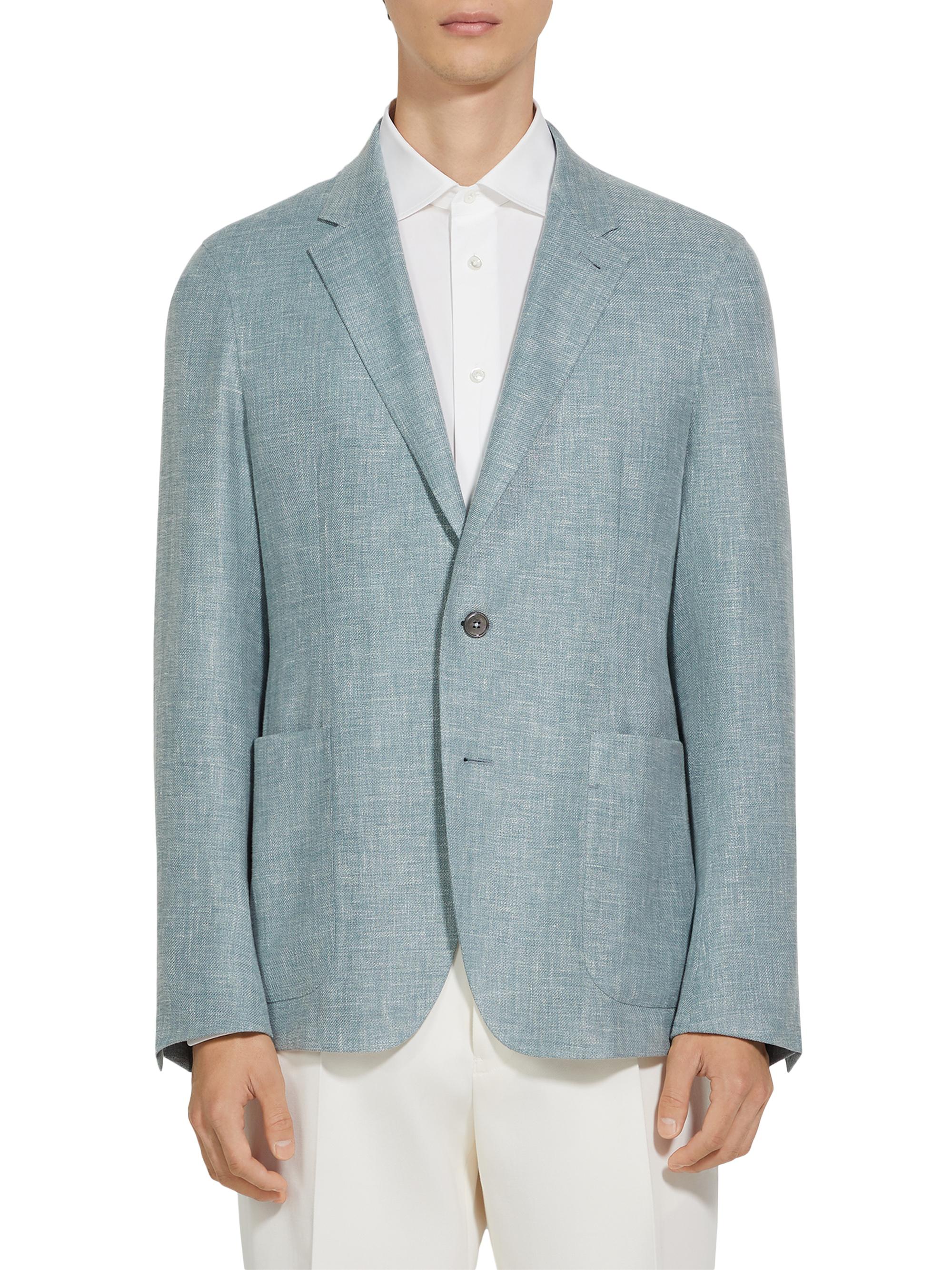 ZEGNA Men's Slim Fit Crossover Linen Wool and Silk Blend Unlined Jacket - Light Teal Blue