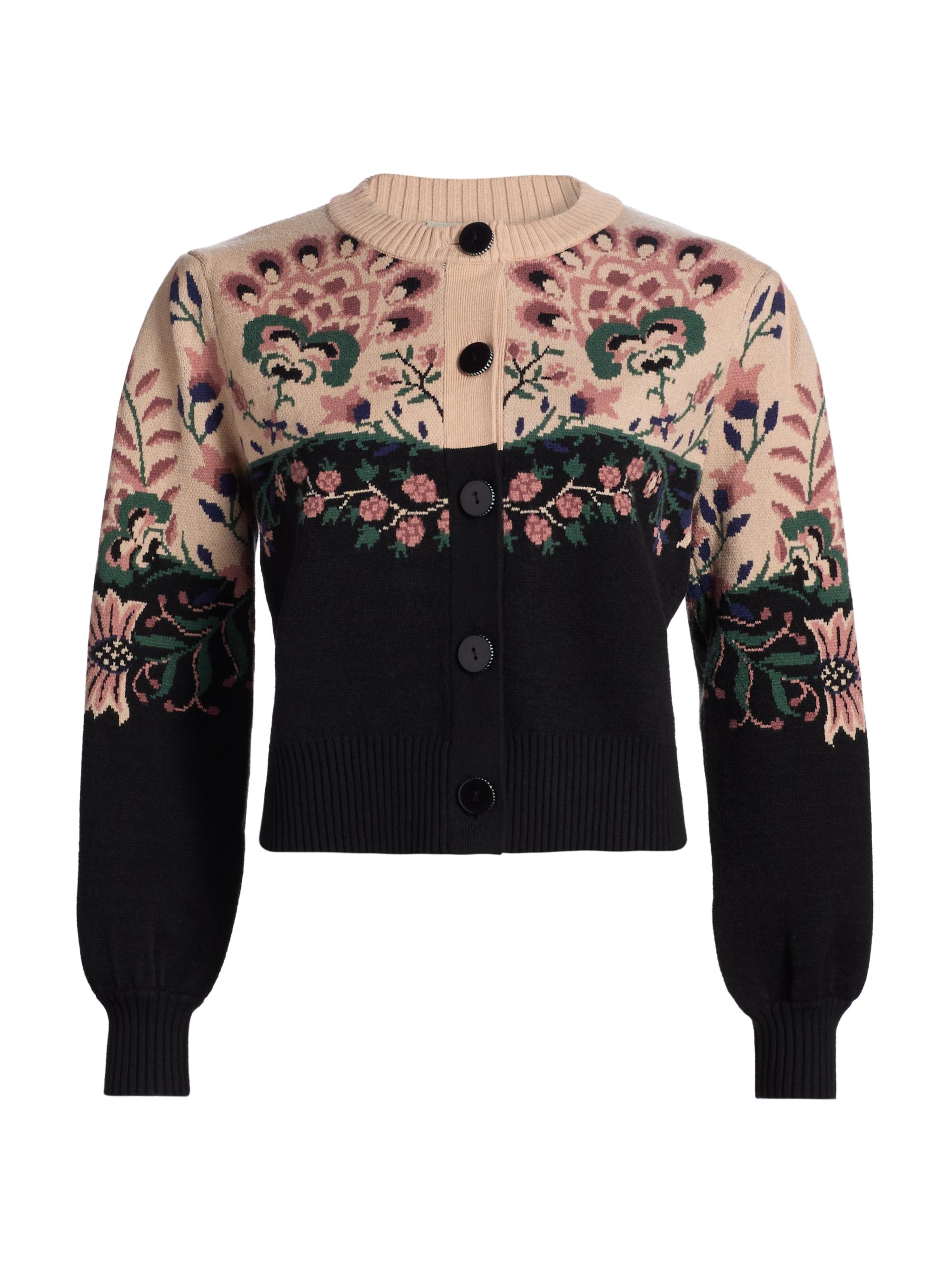 Farm Rio Women's Belle Garden Floral Knit Crewneck Cardigan - Black