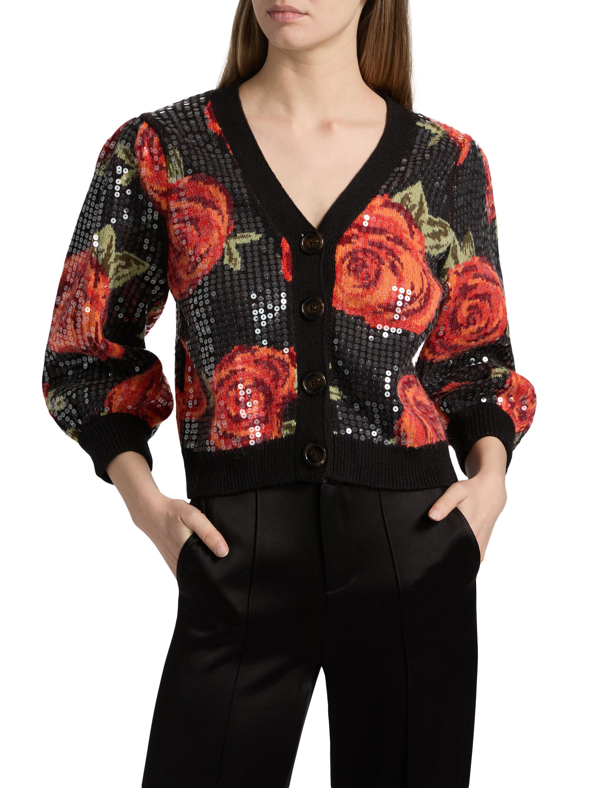 Farm Rio Latin Roses Sequin Knit V-Neck Cardigan | Saks Fifth Avenue