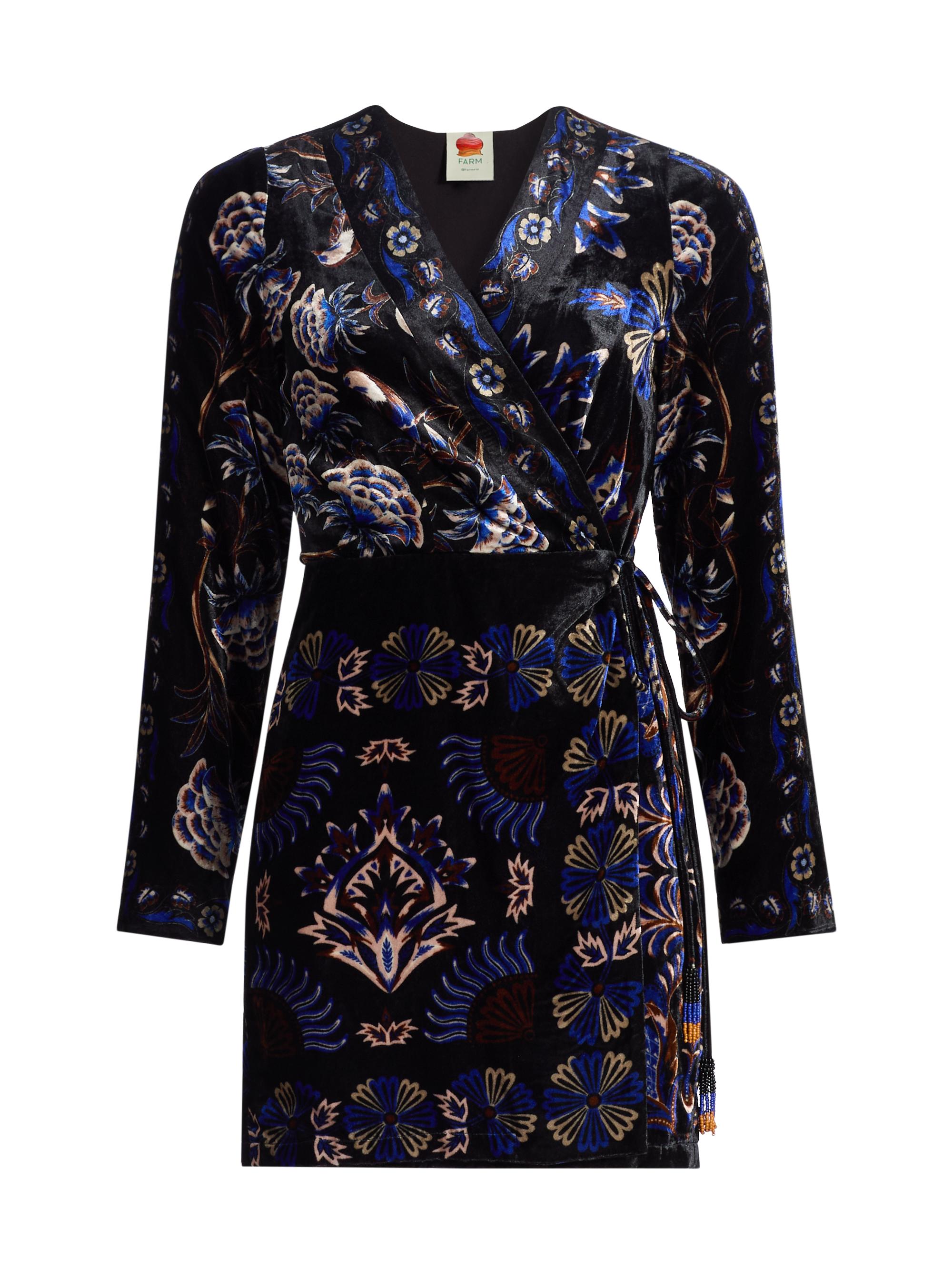 Farm Rio Women's Arabesque Mix Scarves Floral Velvet Wrap Minidress - Black