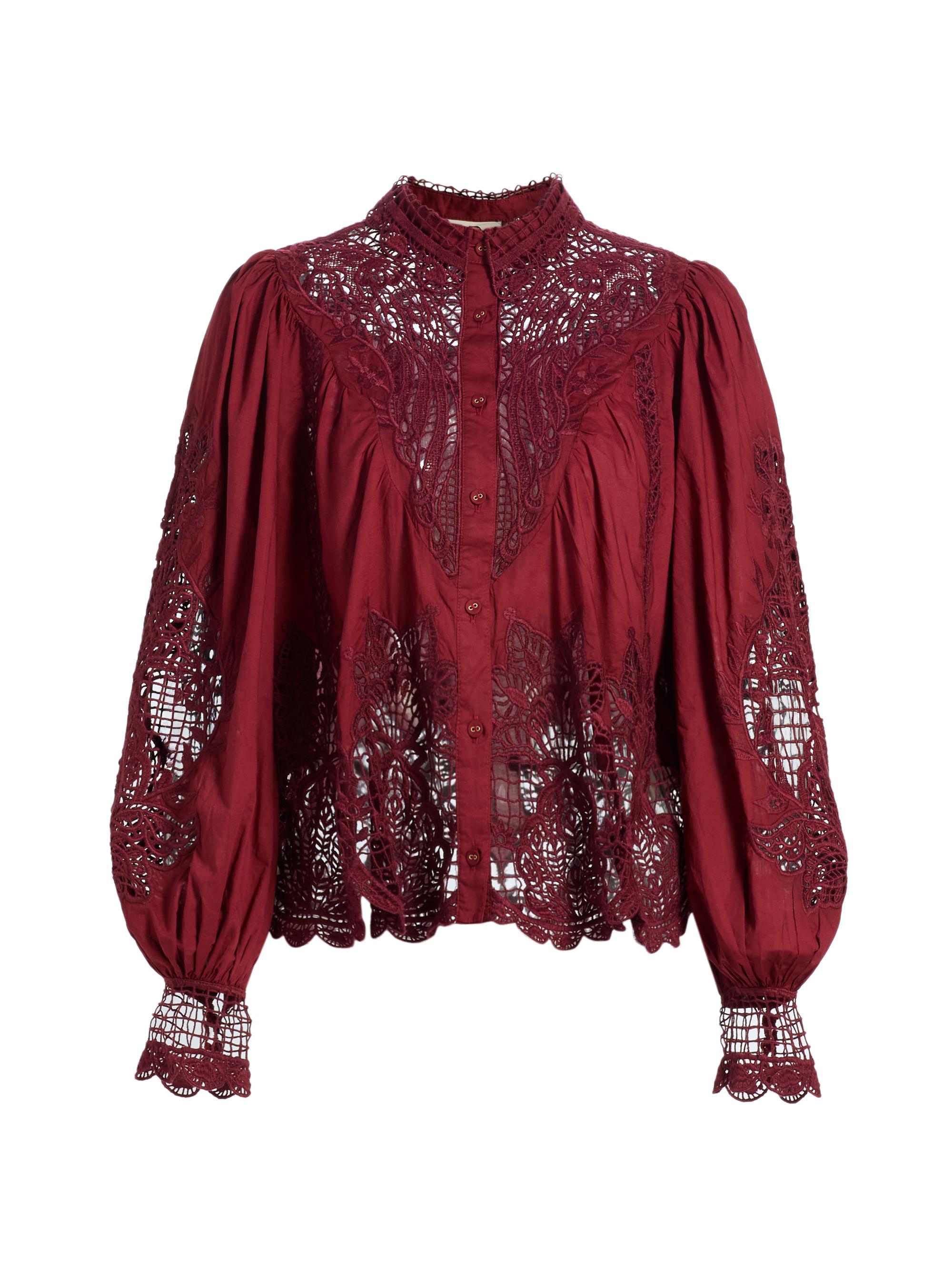 Farm Rio Women's Berry Garden Guipure Lace Blouse - Burgundy