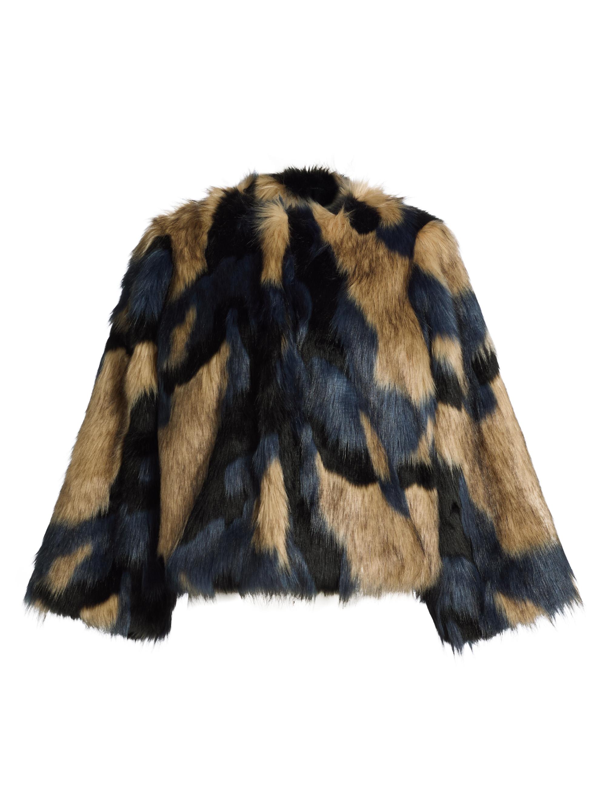Farm Rio Women's Abstract Faux-Fur Round-Neck Coat - Blue